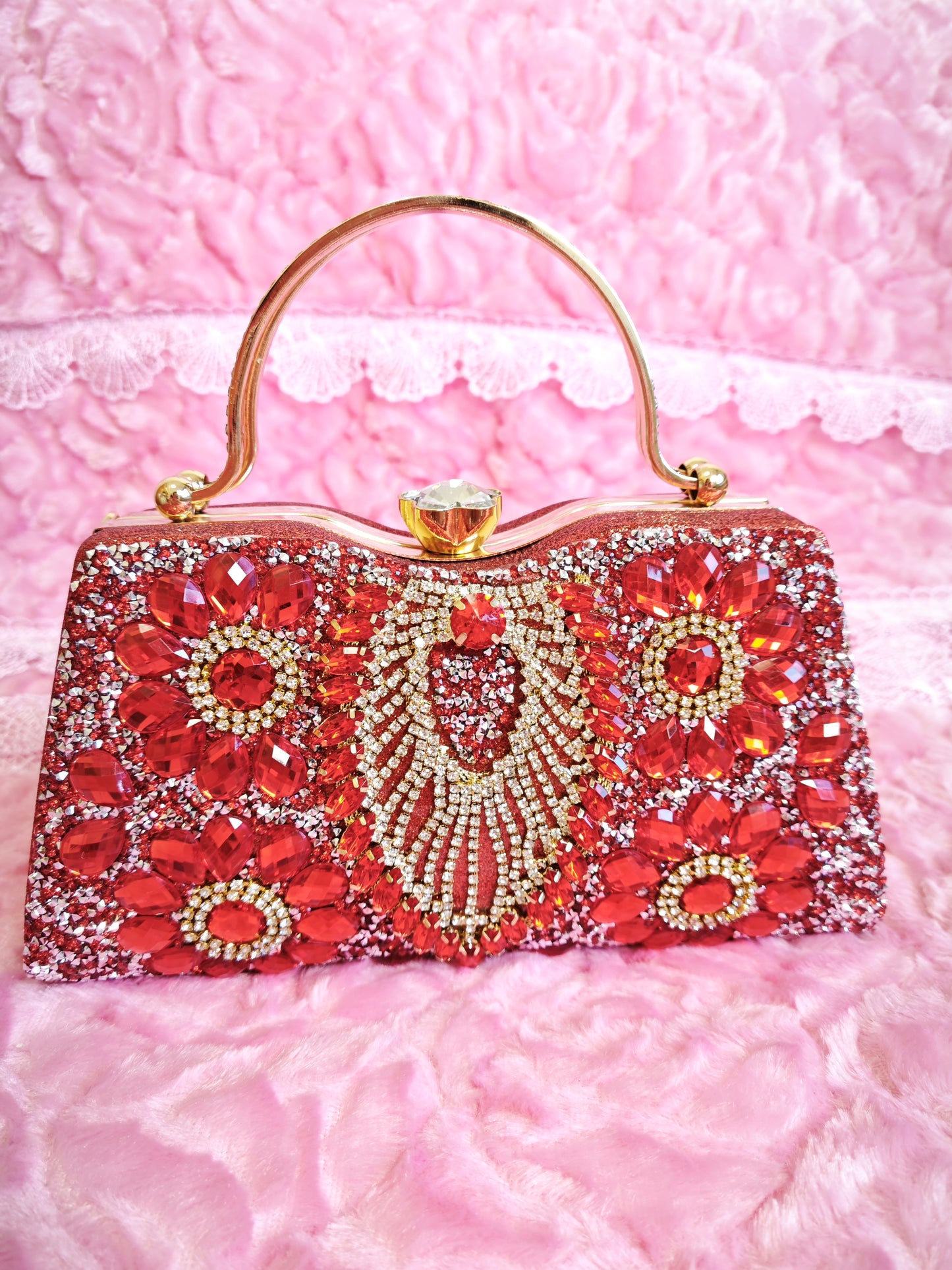 Red Crystal & Gold Fan-Pattern Evening Handbag