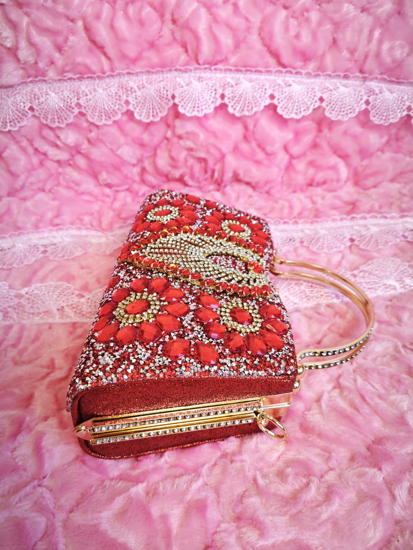 Red Crystal & Gold Fan-Pattern Evening Handbag