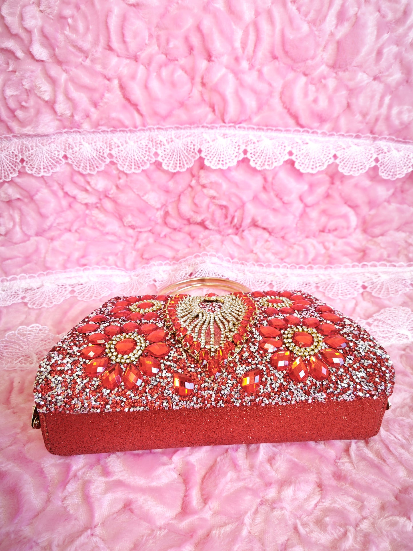 Red Crystal & Gold Fan-Pattern Evening Handbag