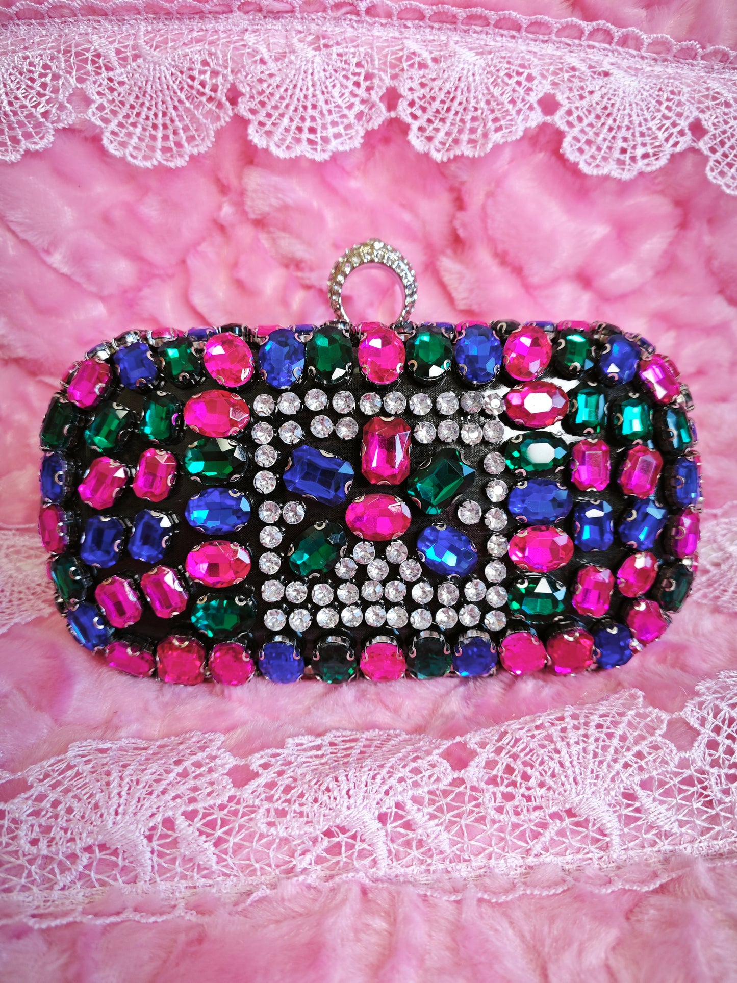 Black-Base Multi-Colored Crystal Patchwork Evening Clutch
