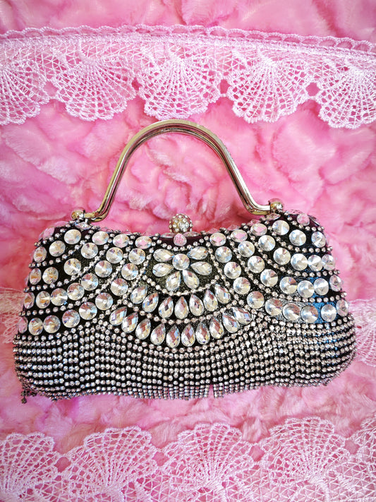 Black & Silver Crystal Waterdrop-Pattern Evening Handbag
