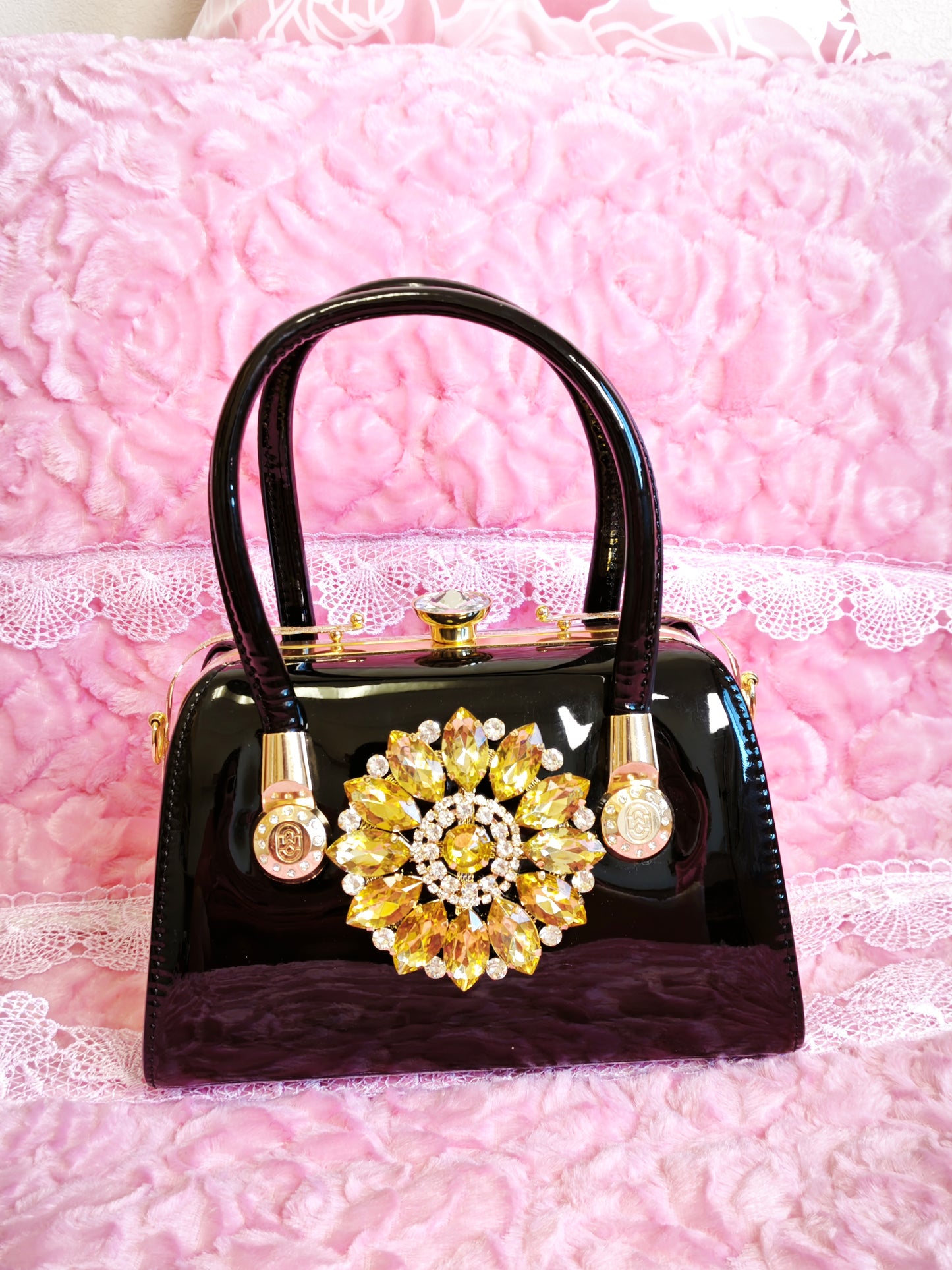 Black Enamel & Gold Crystal Floral Evening Handbag