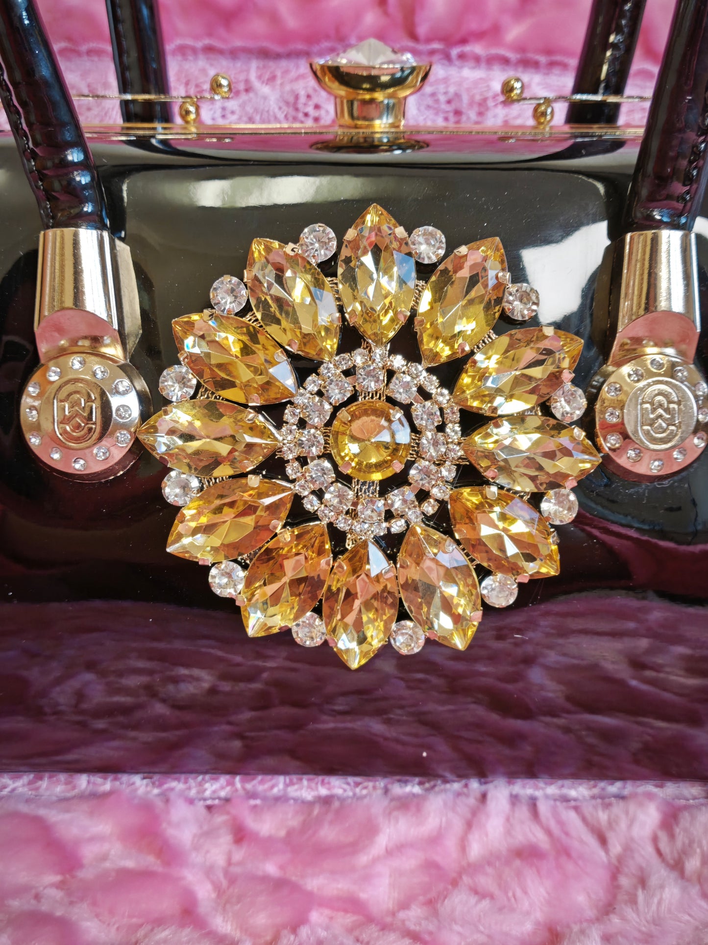 Black Enamel & Gold Crystal Floral Evening Handbag