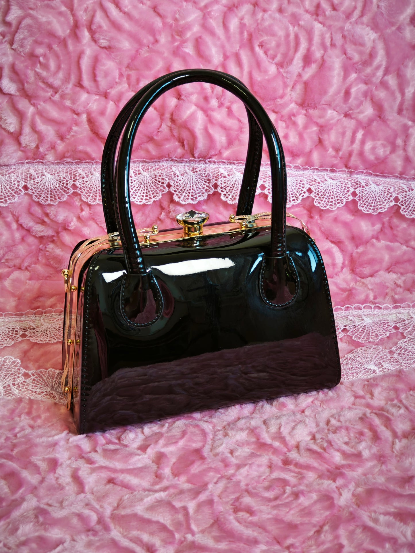 Black Enamel & Gold Crystal Floral Evening Handbag