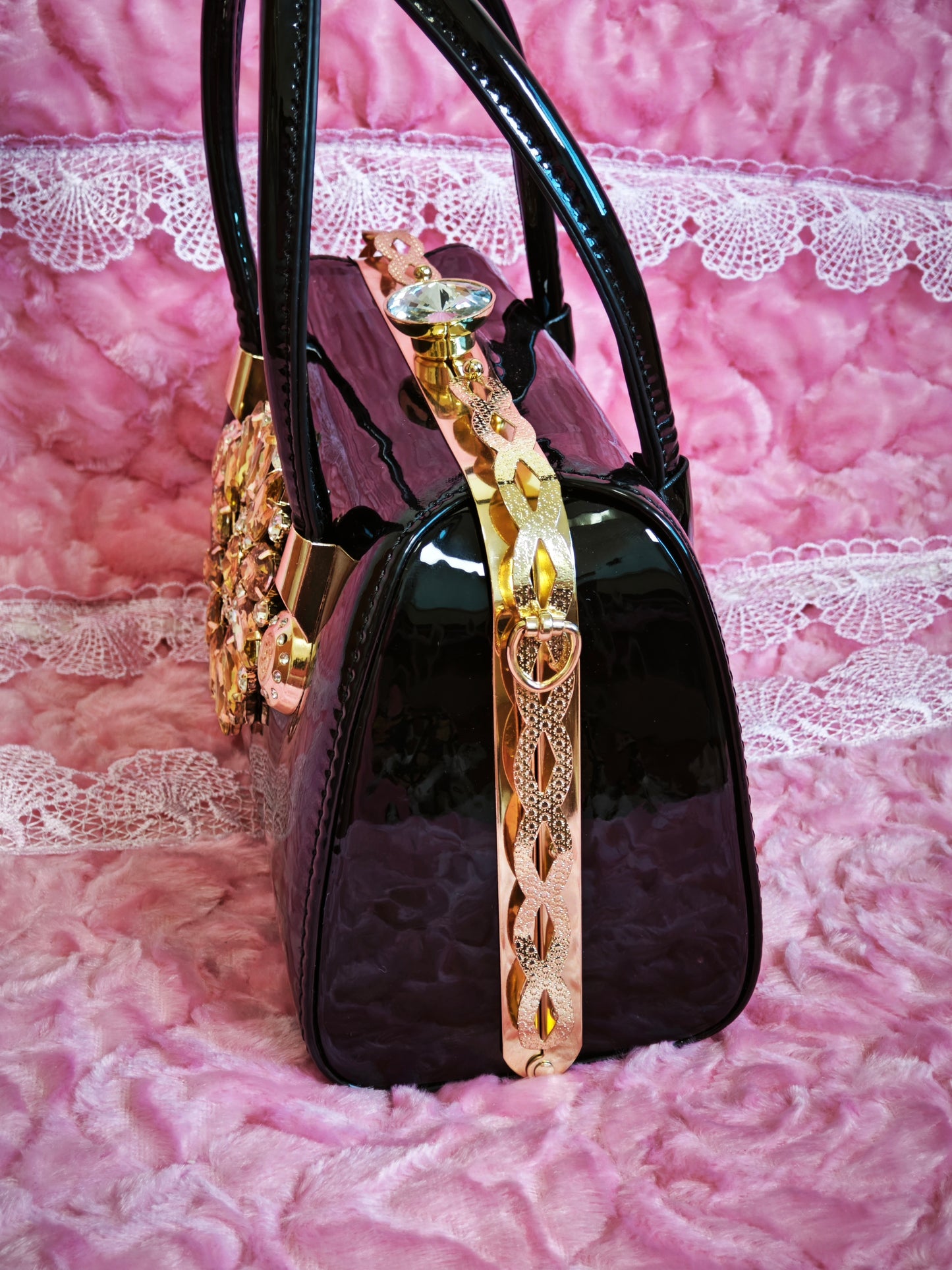 Black Enamel & Gold Crystal Floral Evening Handbag