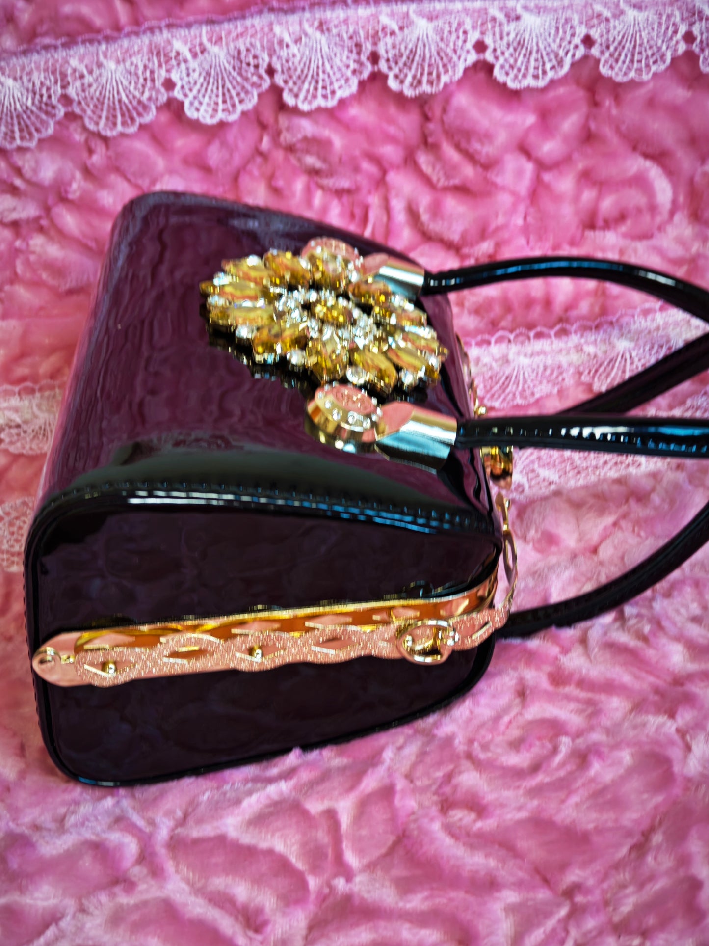 Black Enamel & Gold Crystal Floral Evening Handbag