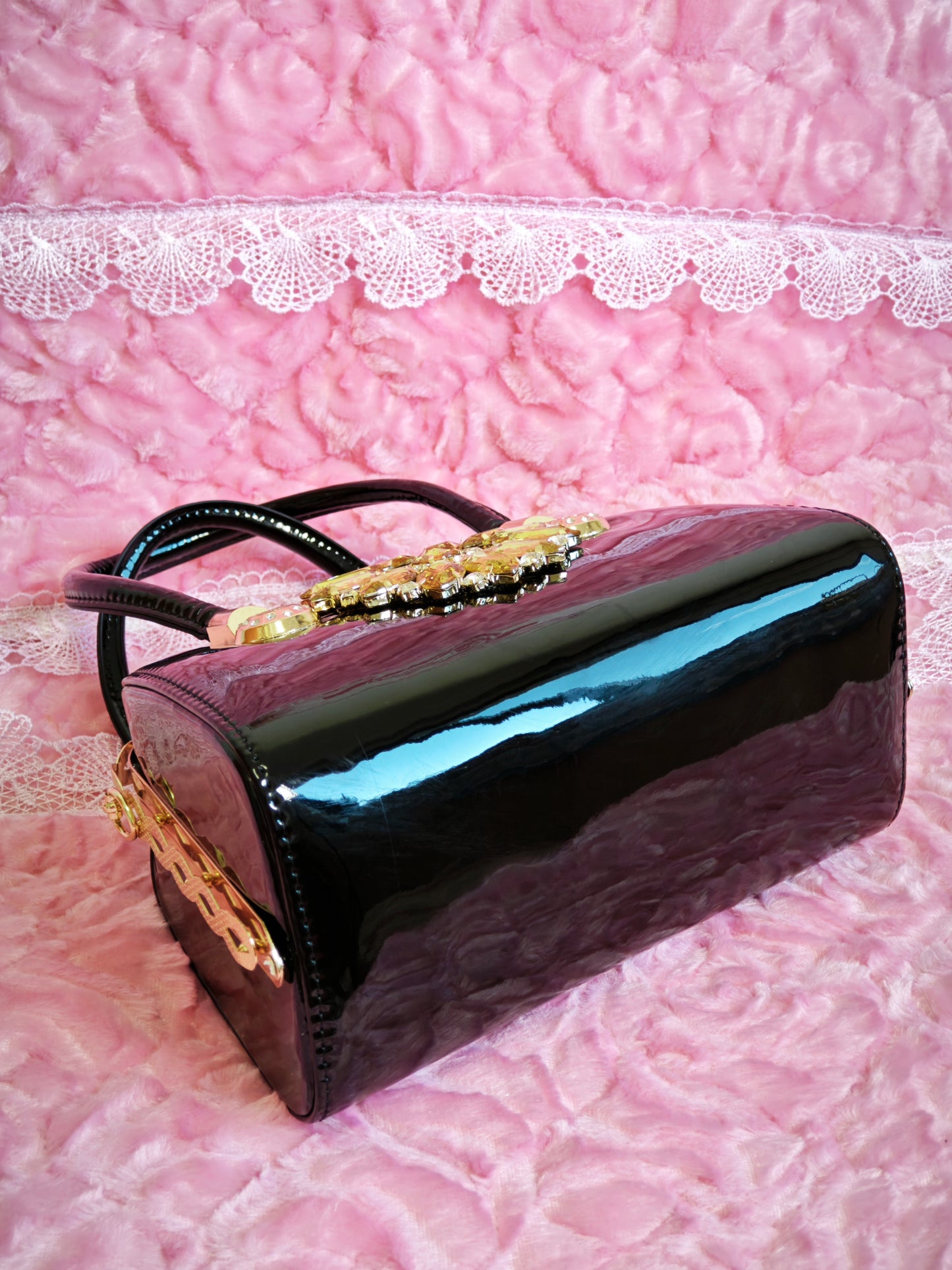 Black Enamel & Gold Crystal Floral Evening Handbag