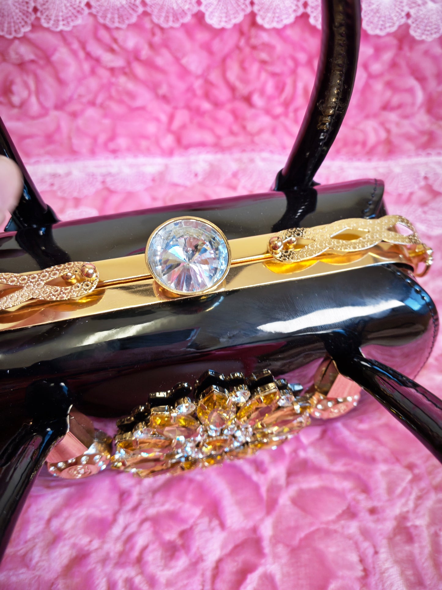 Black Enamel & Gold Crystal Floral Evening Handbag