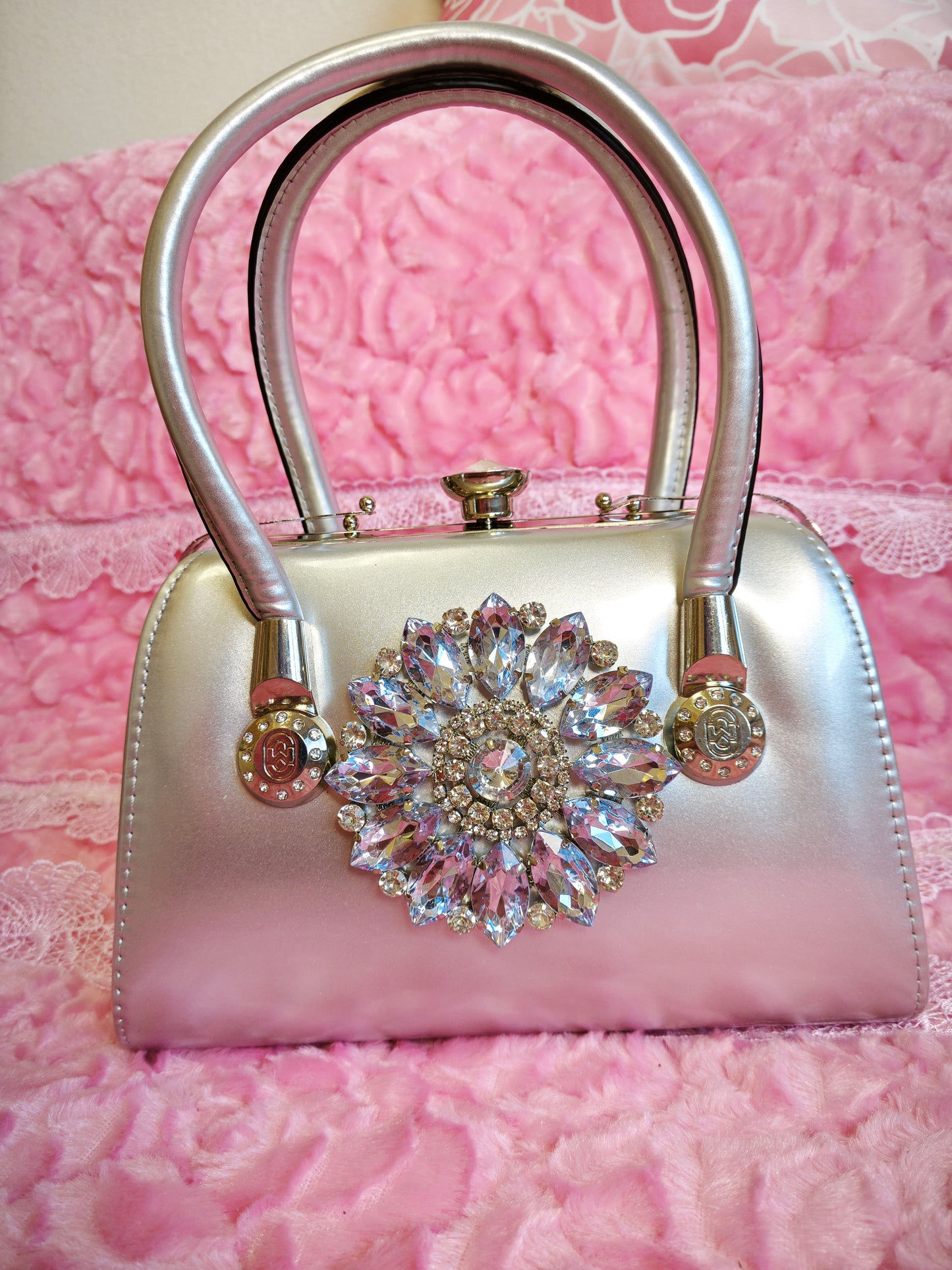 Silver Satin & Multi-Colored Crystal Floral Evening Handbag