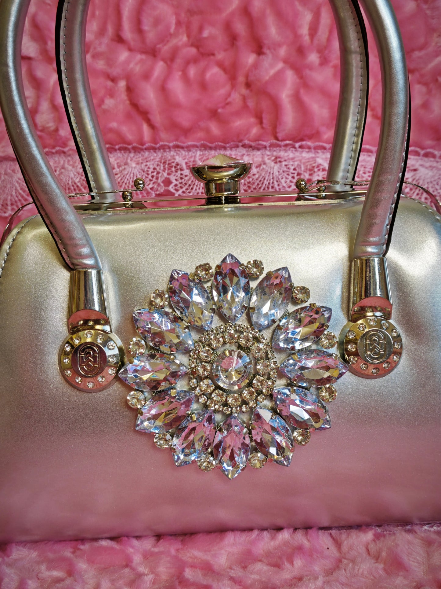 Silver Satin & Multi-Colored Crystal Floral Evening Handbag