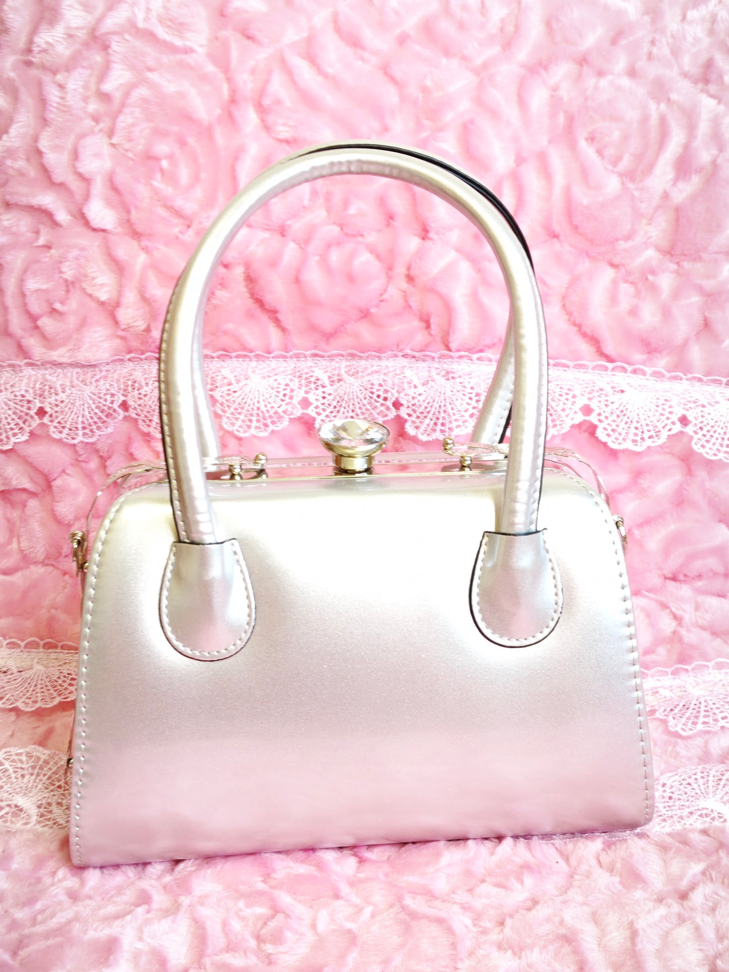 Silver Satin & Multi-Colored Crystal Floral Evening Handbag