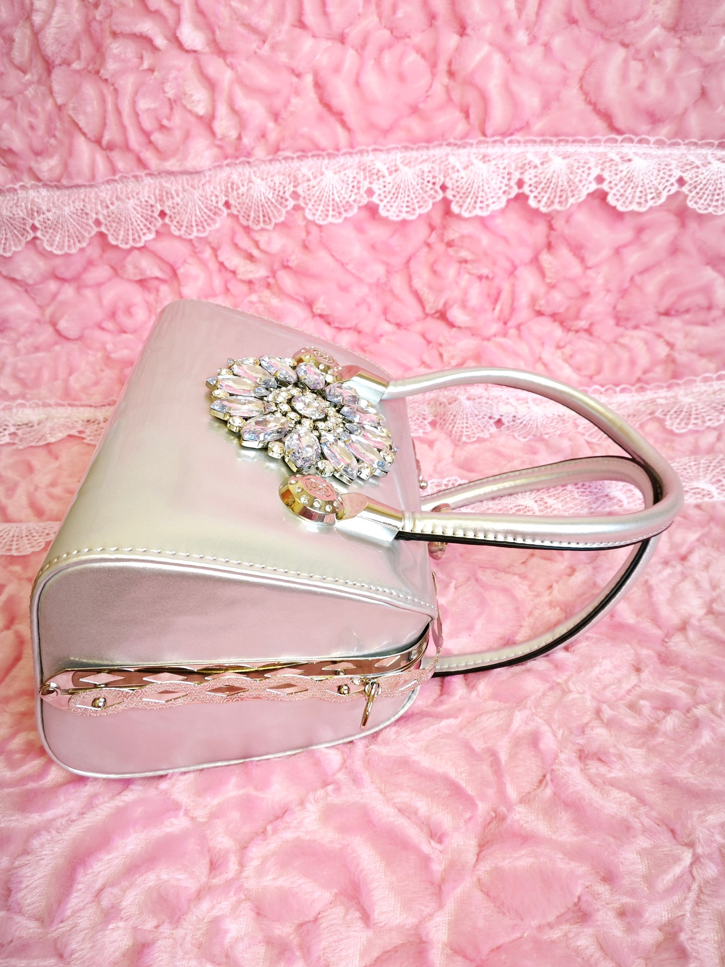 Silver Satin & Multi-Colored Crystal Floral Evening Handbag