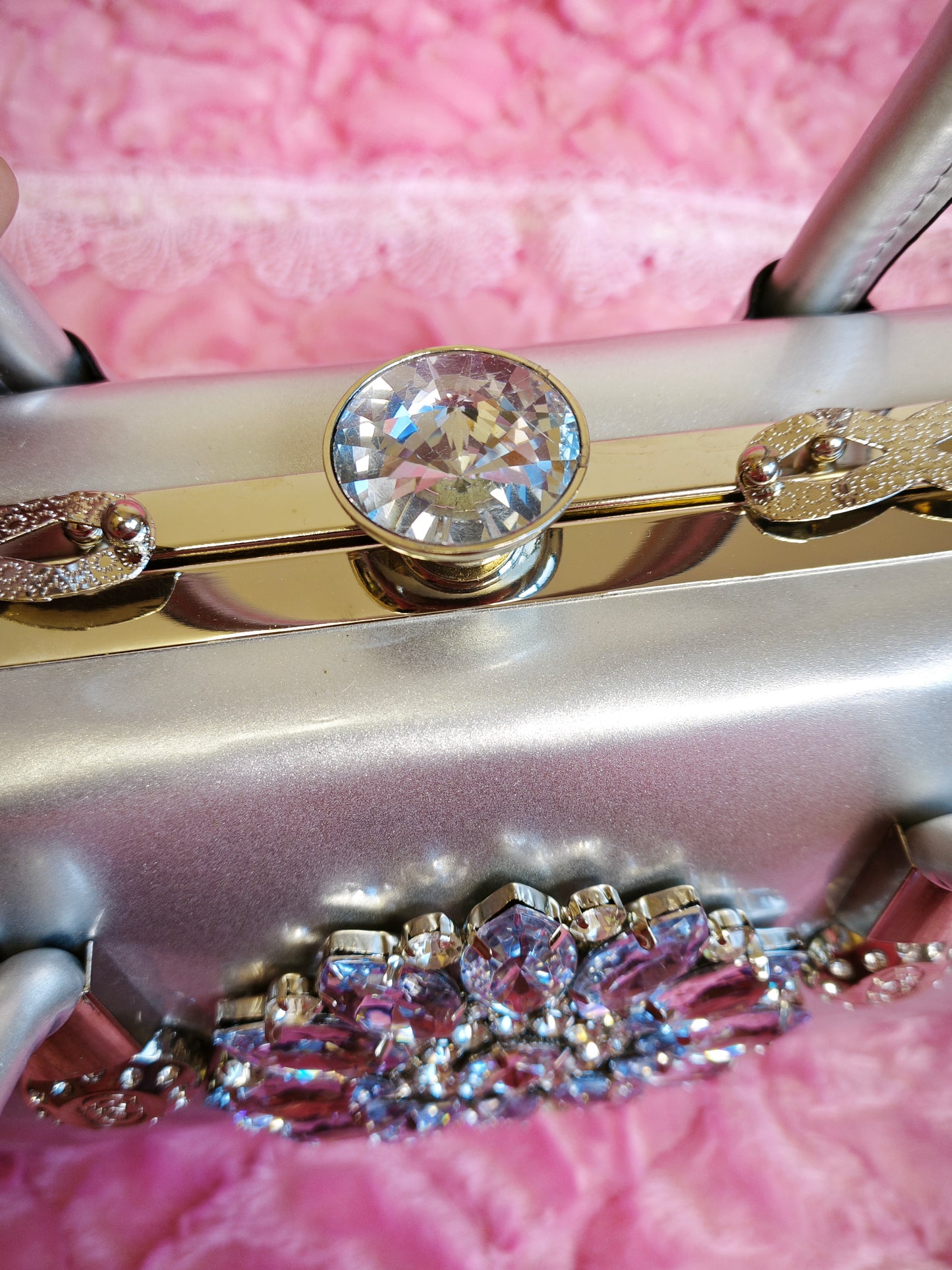 Silver Satin & Multi-Colored Crystal Floral Evening Handbag