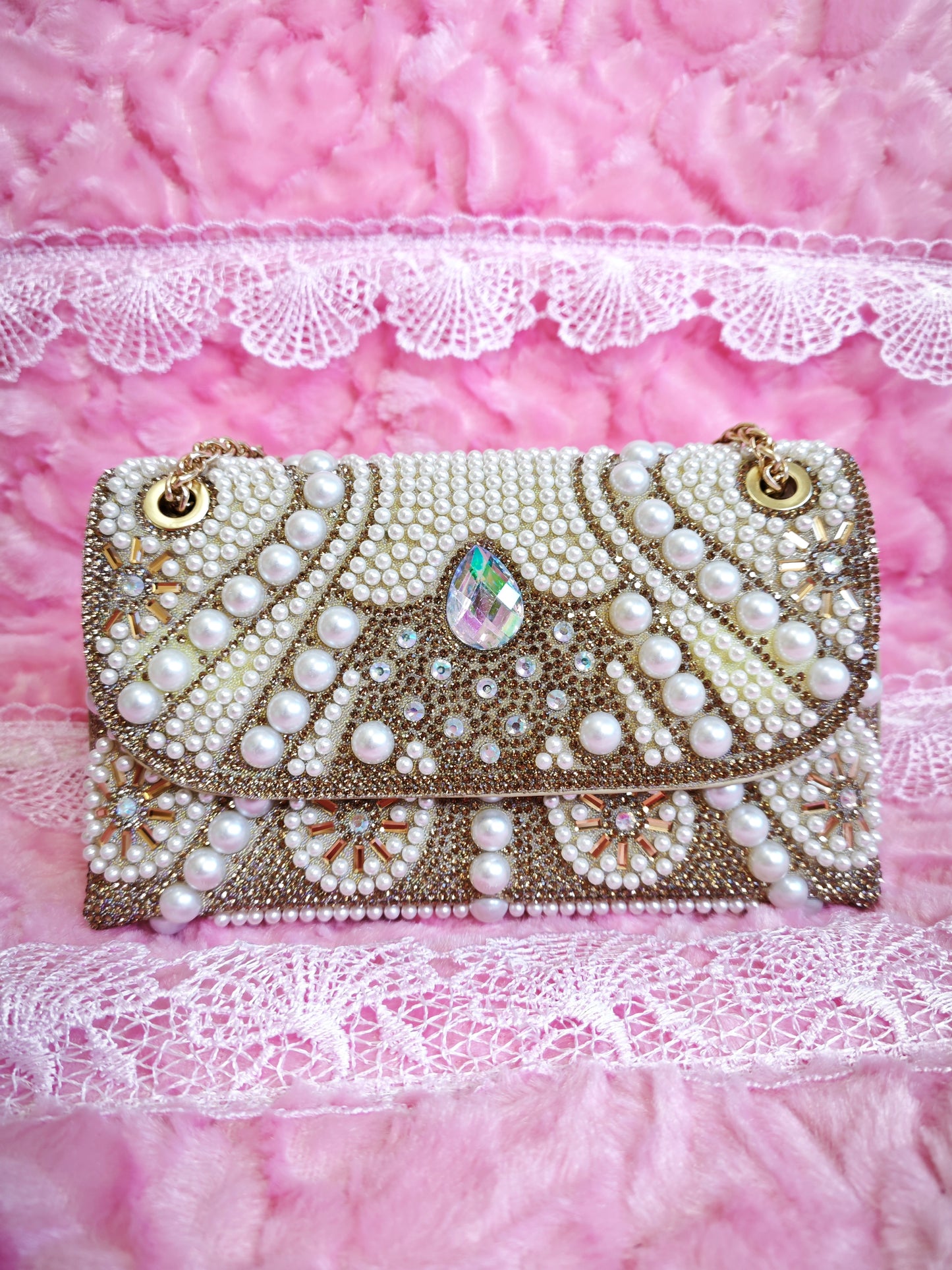 Gold-Brown Pearl & Crystal Chain Evening Clutch