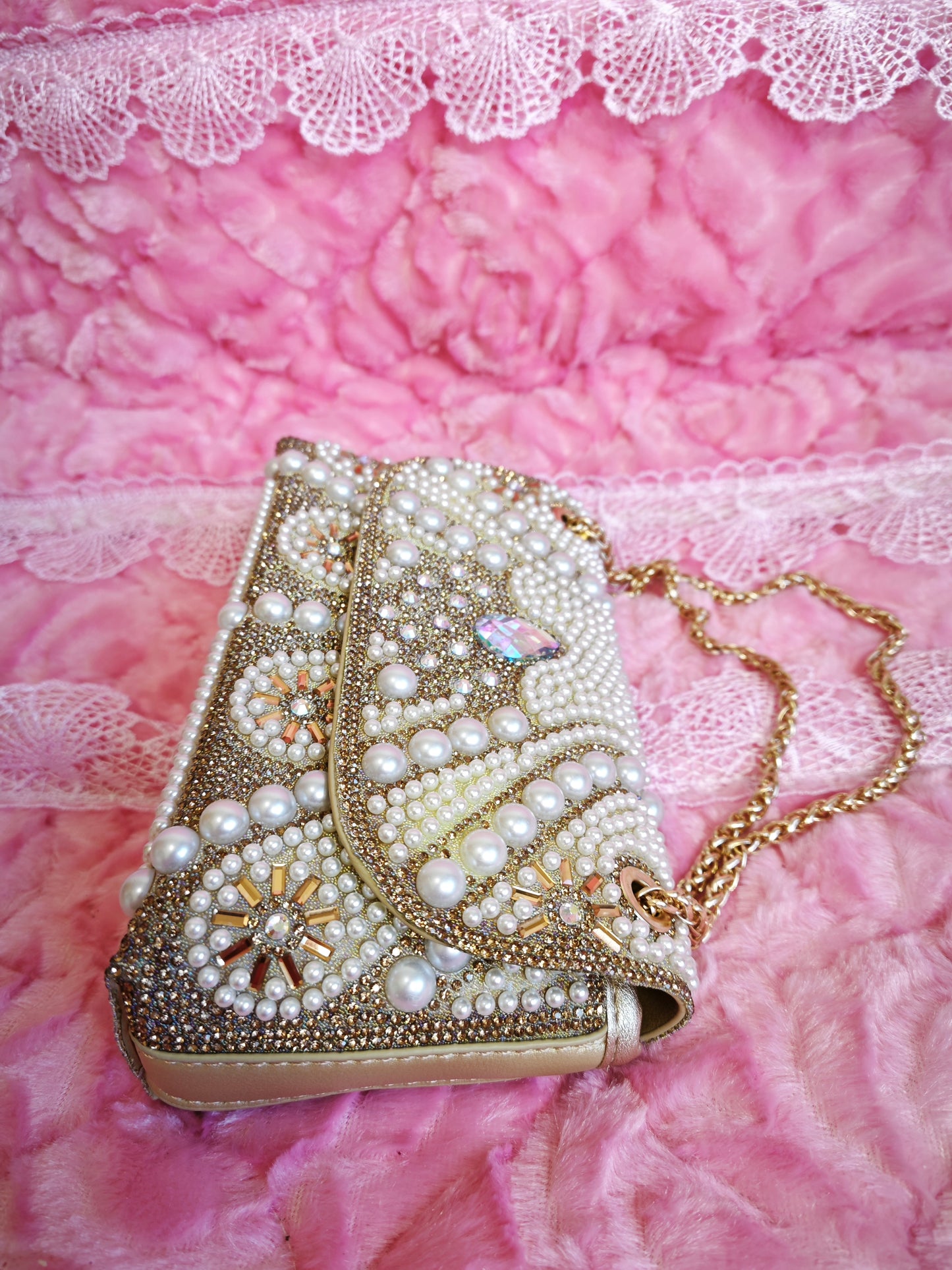 Gold-Brown Pearl & Crystal Chain Evening Clutch