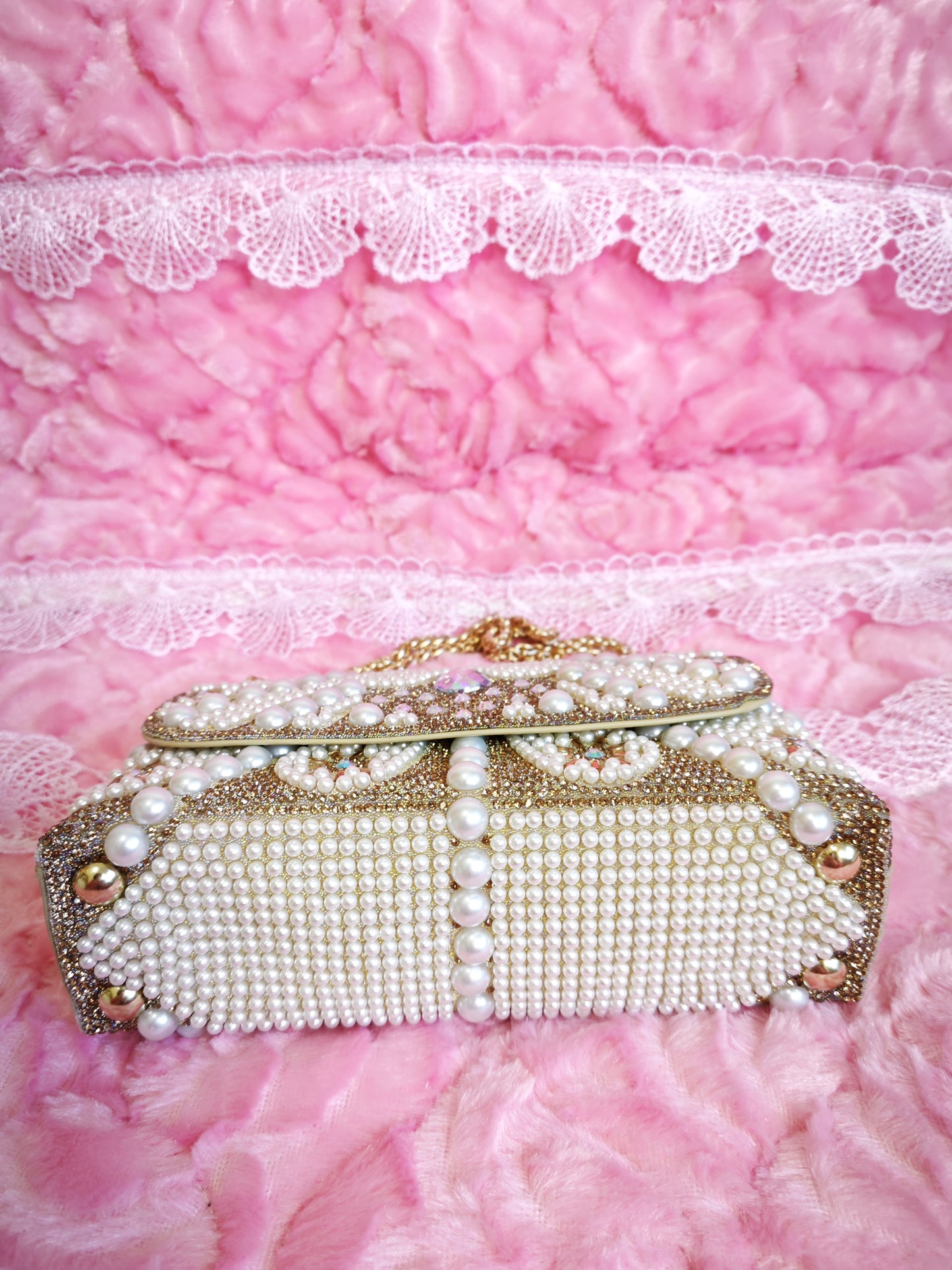 Gold-Brown Pearl & Crystal Chain Evening Clutch