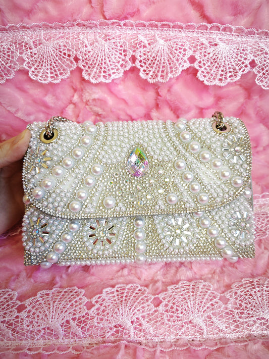 Pearl & Silver Crystal Iridescent Chain Evening Clutch