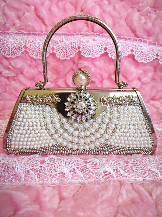 Pearl & Silver Crystal Floral Evening Handbag