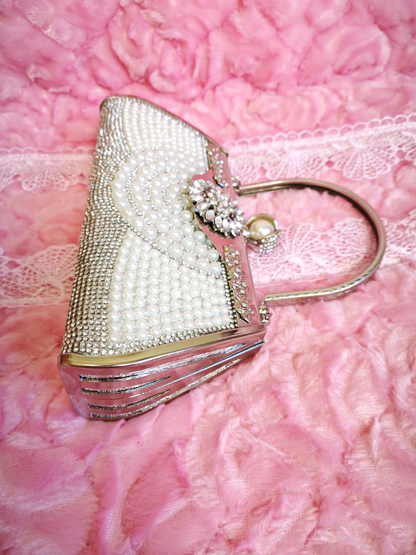 Pearl & Silver Crystal Floral Evening Handbag