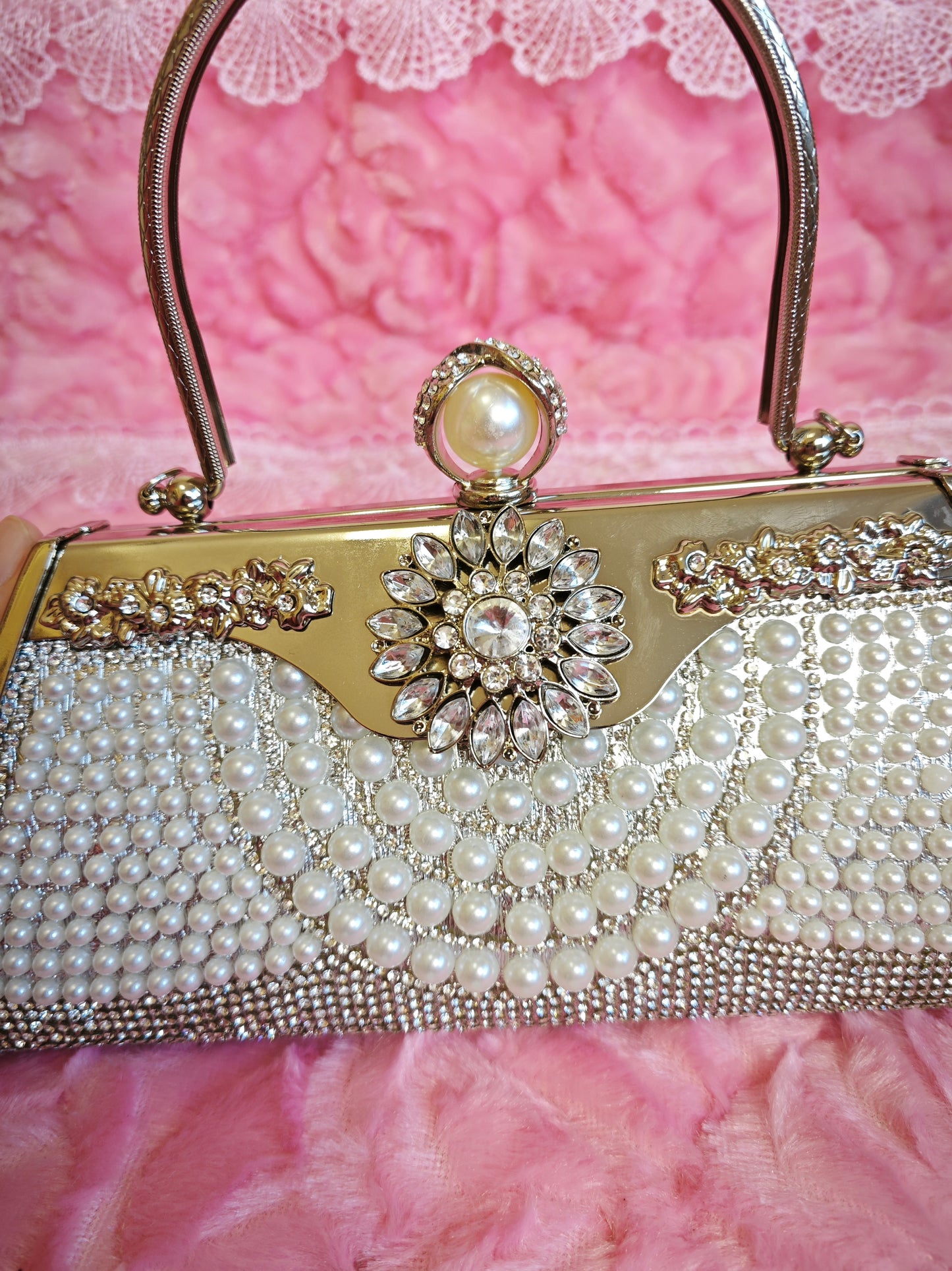 Pearl & Silver Crystal Floral Evening Handbag