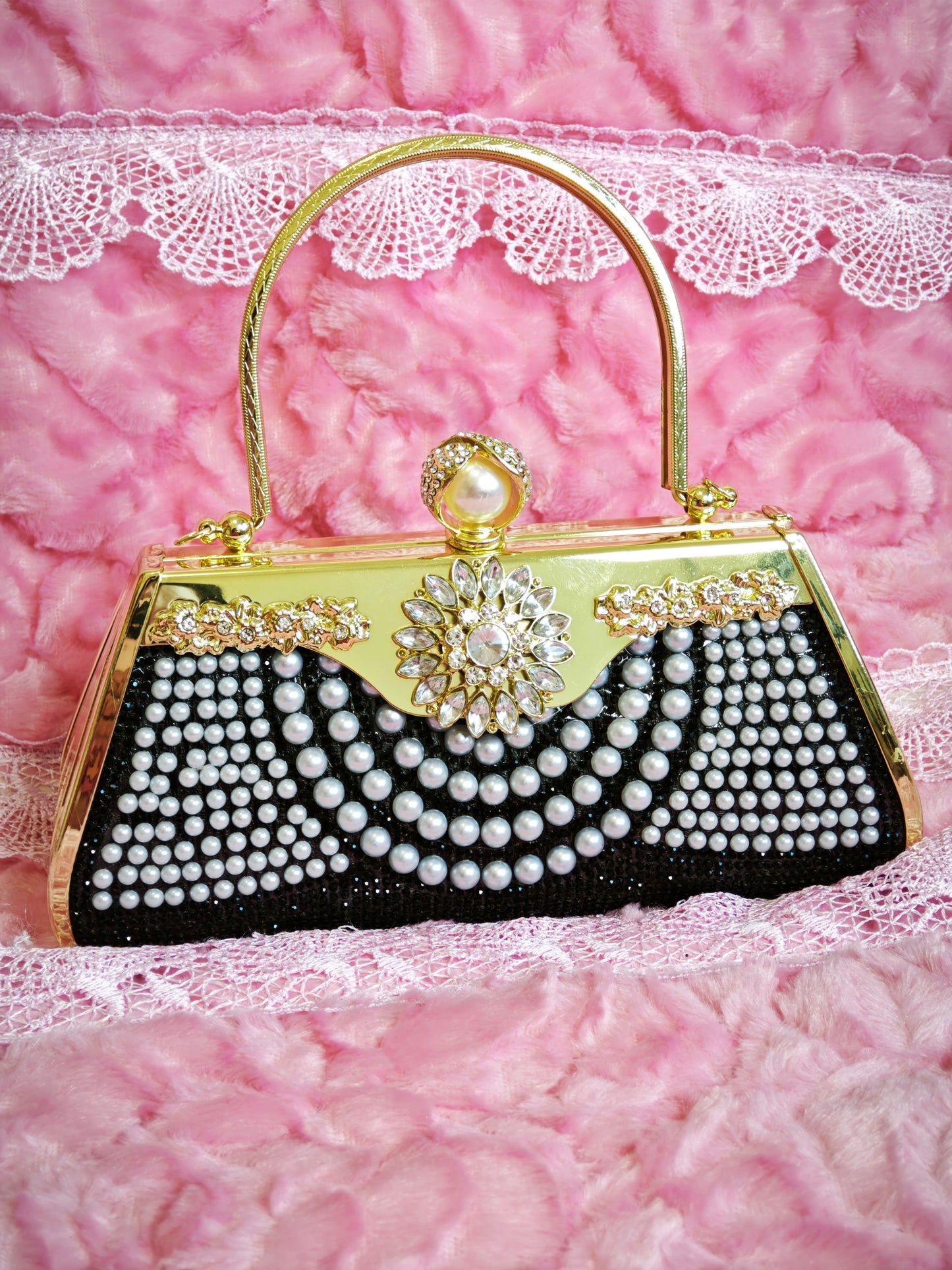 Black-Base Pearl & Gold Crystal Floral Evening Handbag