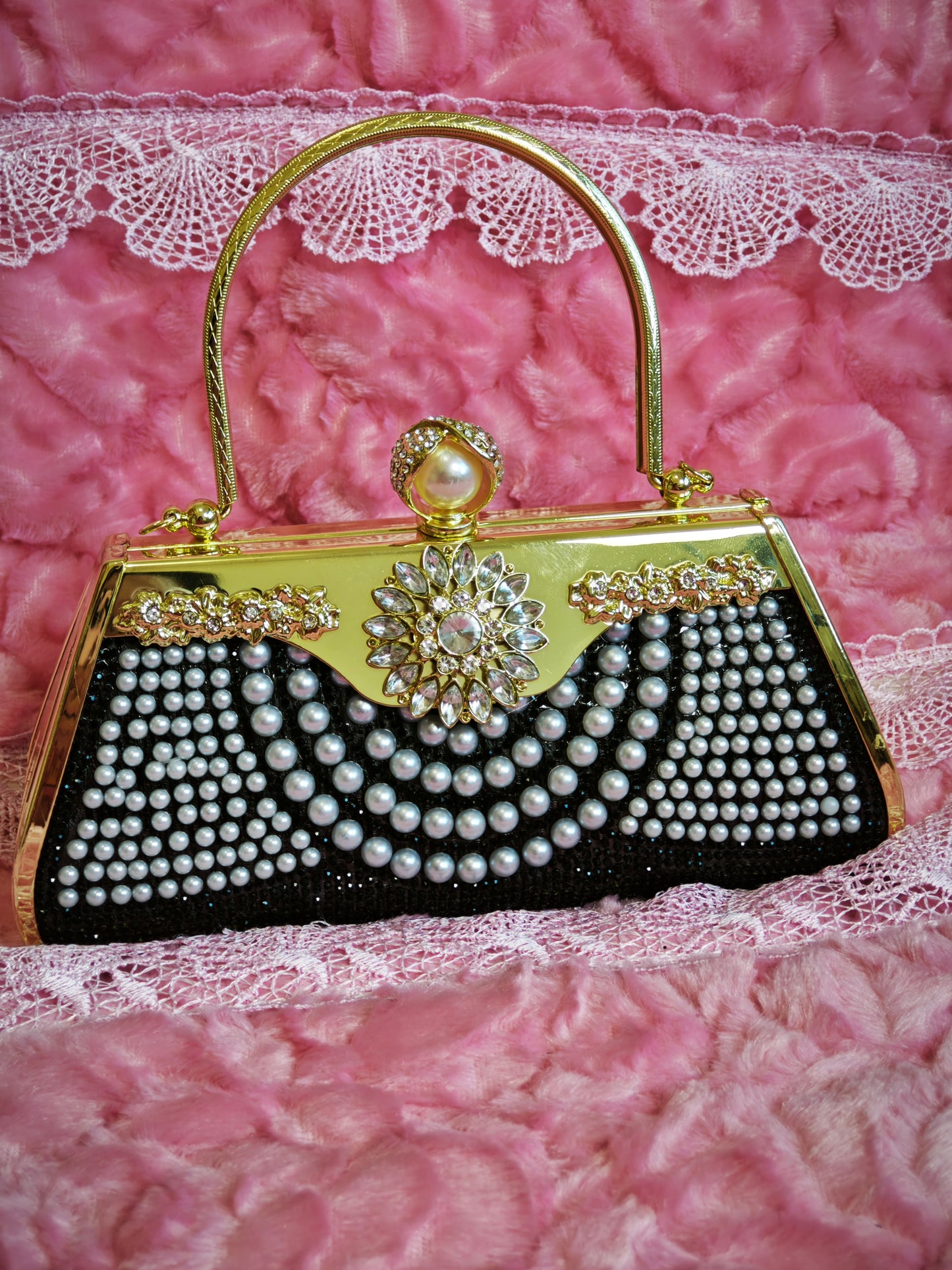 Black-Base Pearl & Gold Crystal Floral Evening Handbag