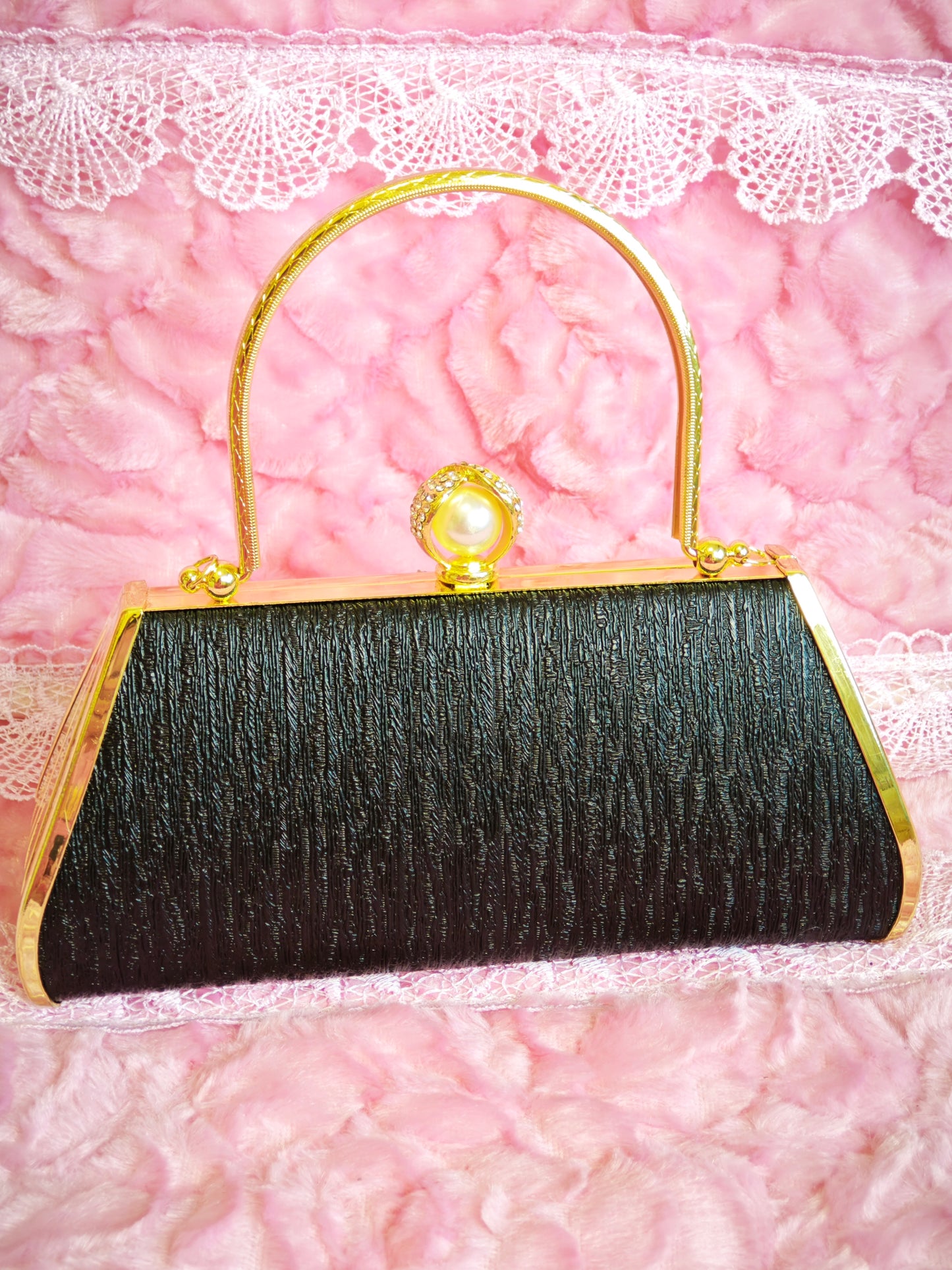 Black-Base Pearl & Gold Crystal Floral Evening Handbag