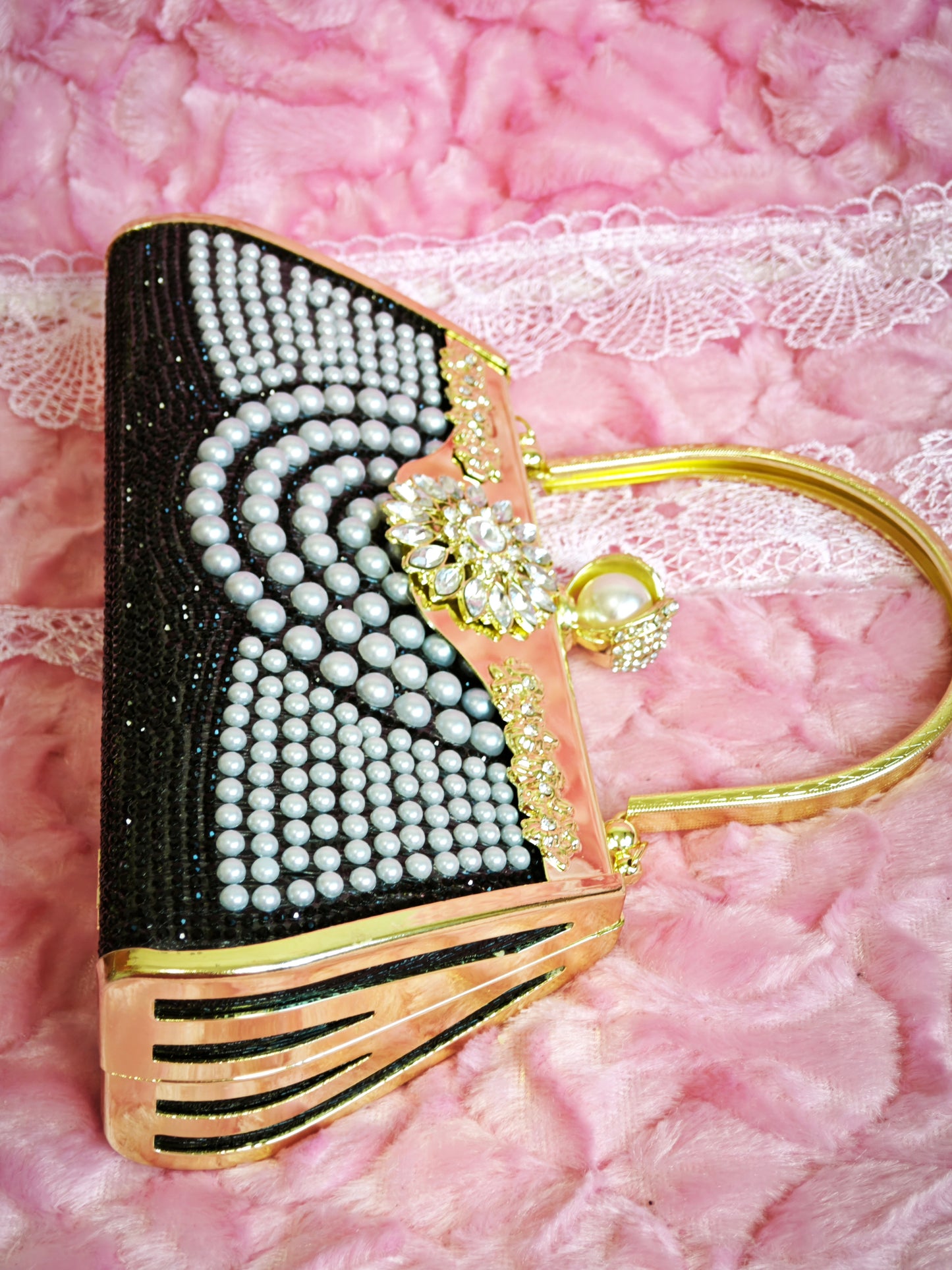 Black-Base Pearl & Gold Crystal Floral Evening Handbag