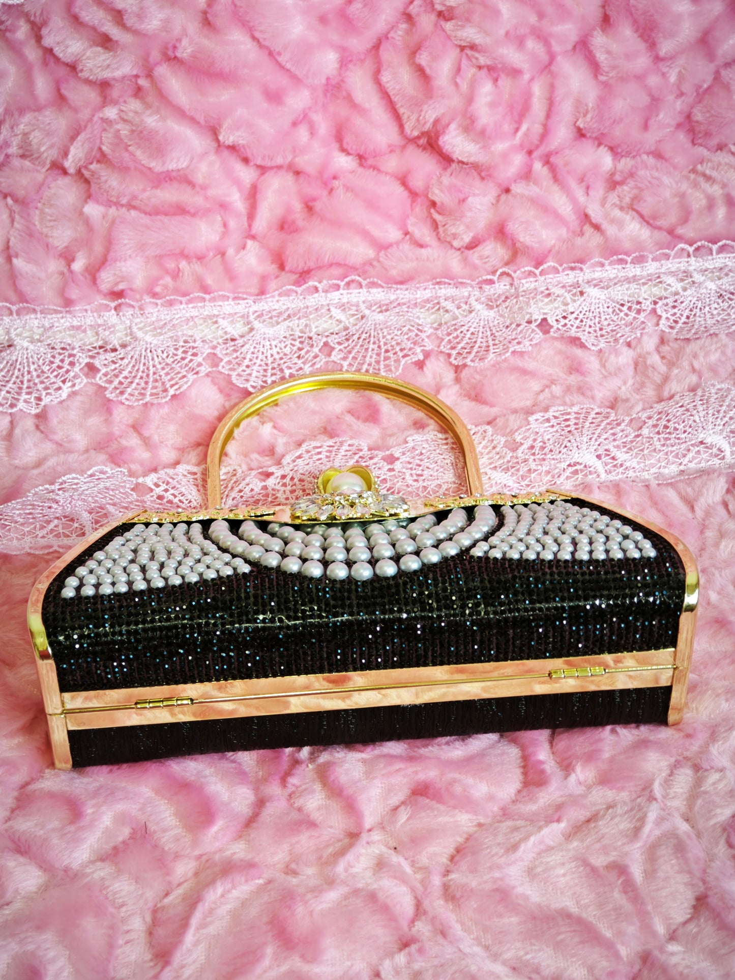 Black-Base Pearl & Gold Crystal Floral Evening Handbag