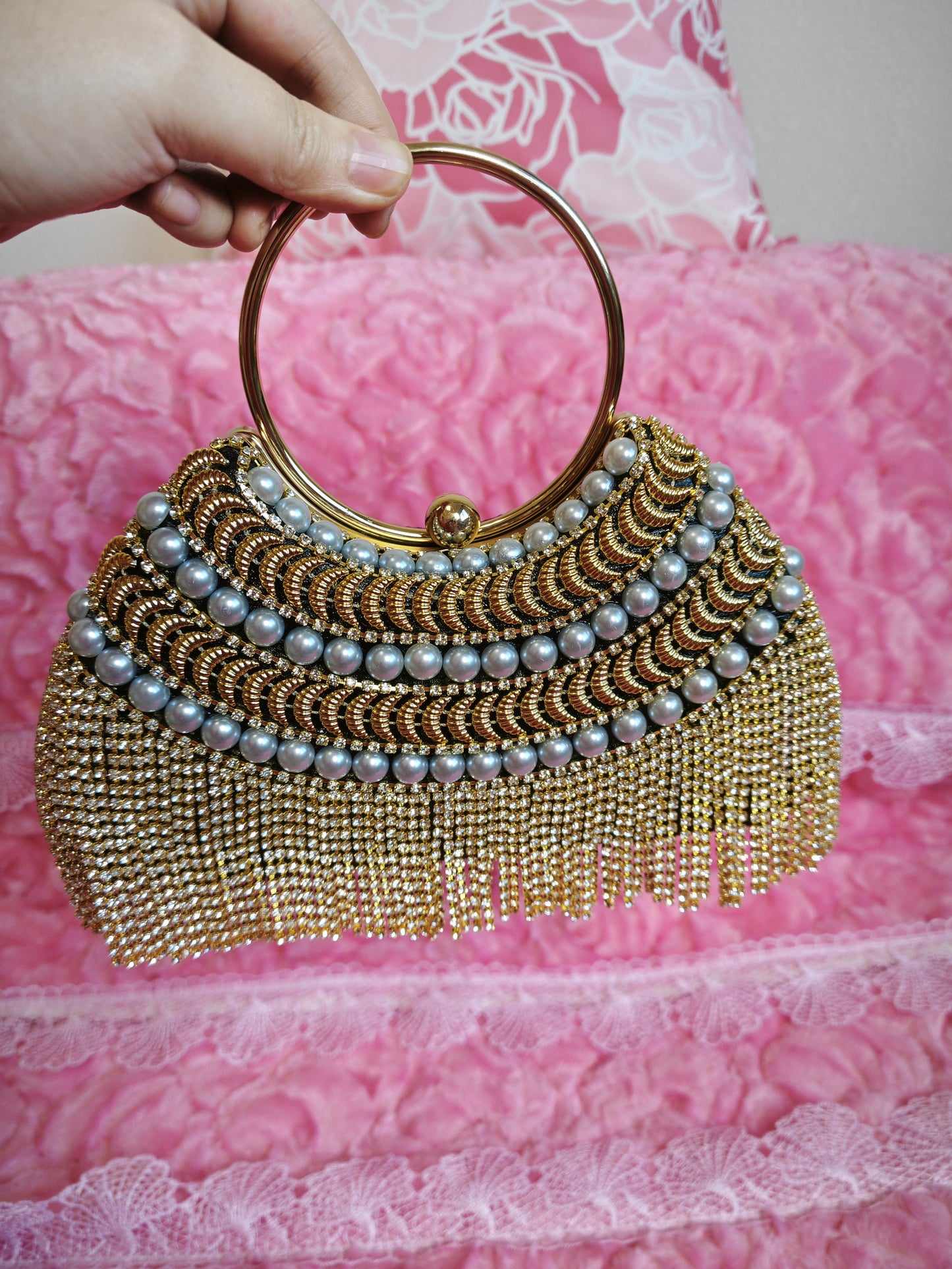 Gold-Brown Pearl & Crystal Tassel Hoop-Handle Evening Handbag