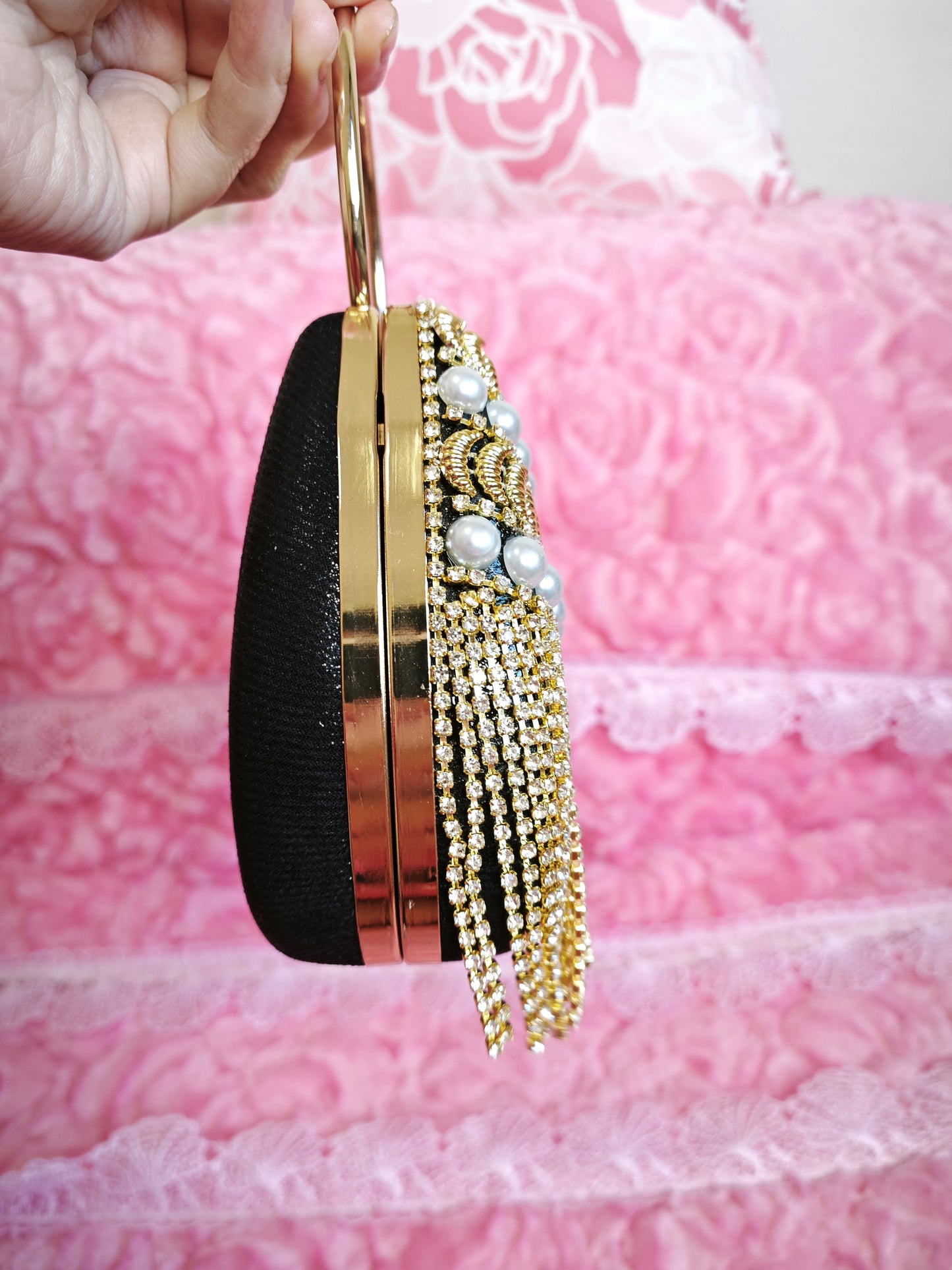 Gold-Brown Pearl & Crystal Tassel Hoop-Handle Evening Handbag