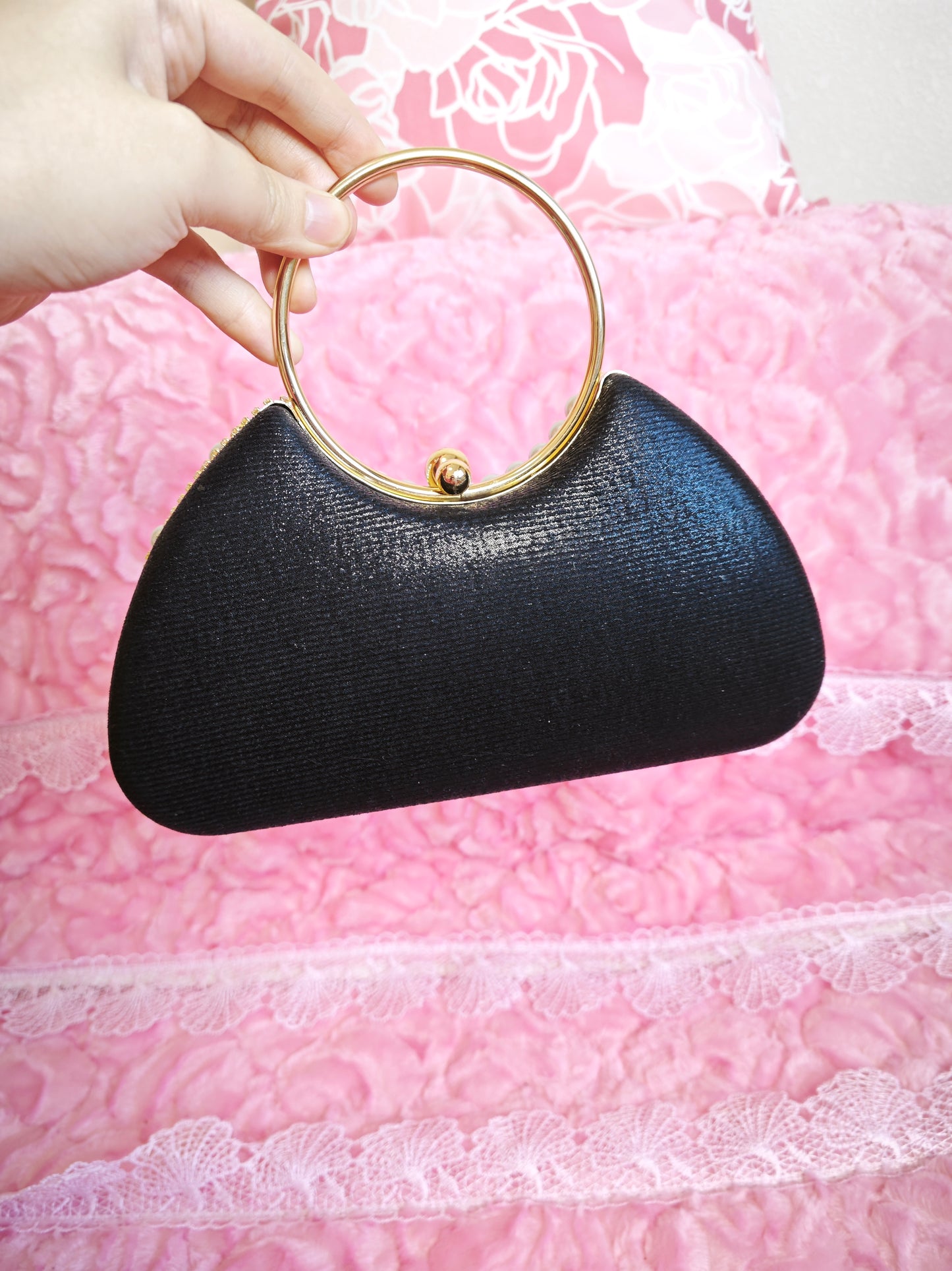 Gold-Brown Pearl & Crystal Tassel Hoop-Handle Evening Handbag