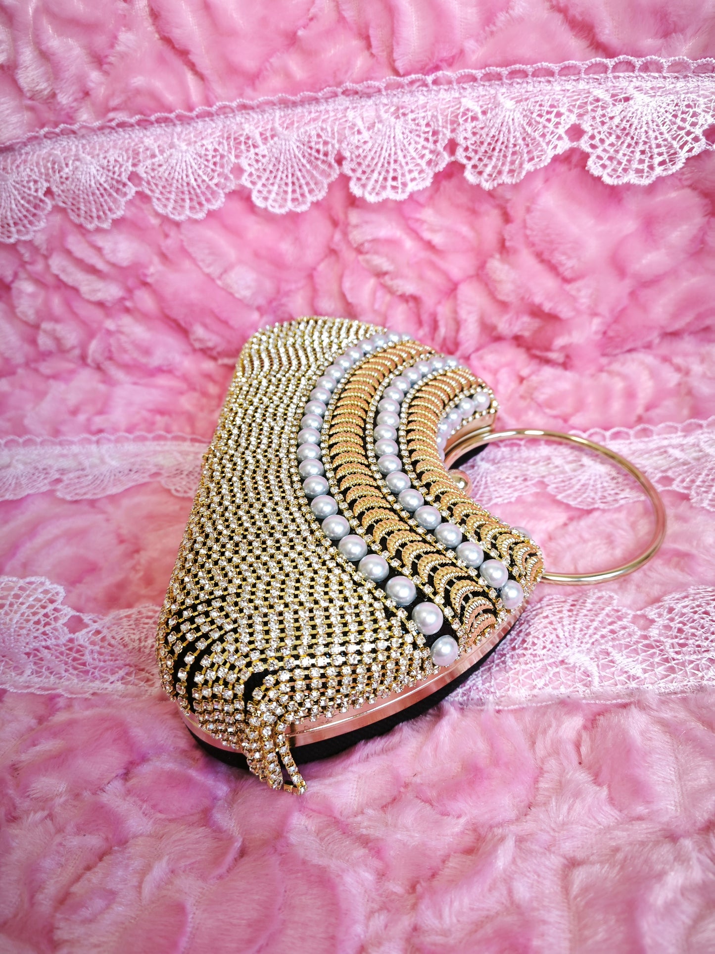 Gold-Brown Pearl & Crystal Tassel Hoop-Handle Evening Handbag