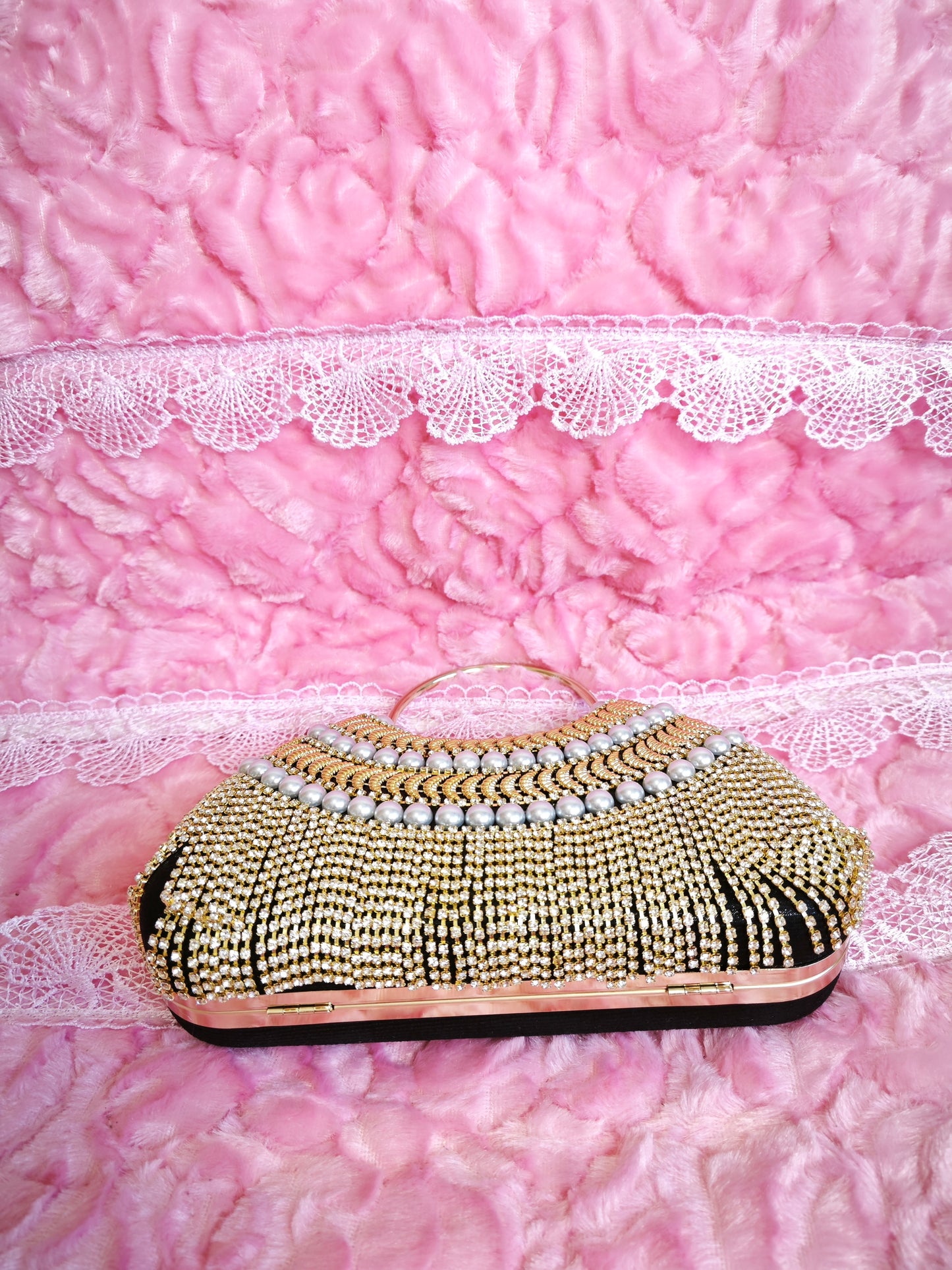 Gold-Brown Pearl & Crystal Tassel Hoop-Handle Evening Handbag