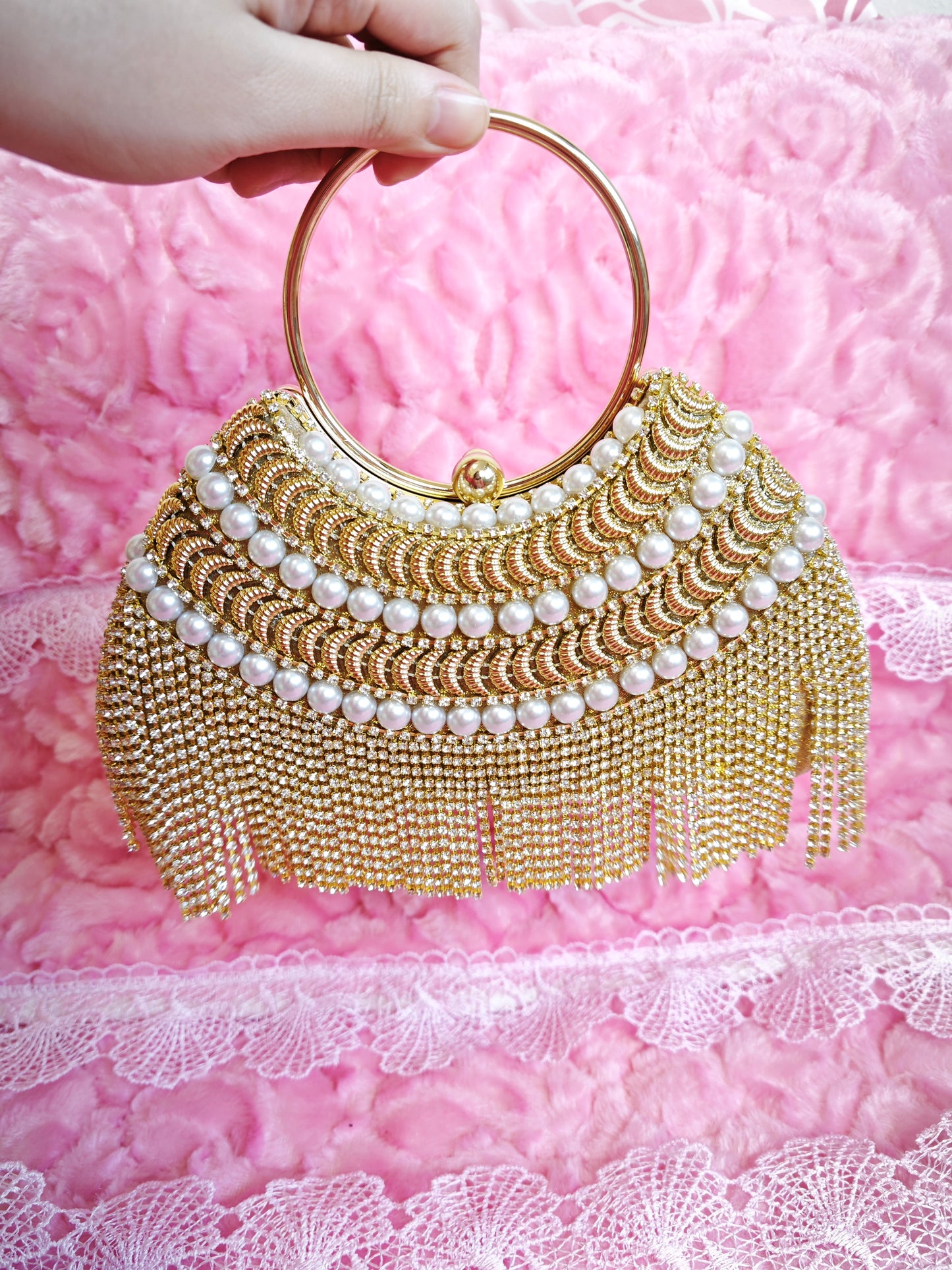Gold Pearl & Crystal Tassel Hoop-Handle Evening Handbag