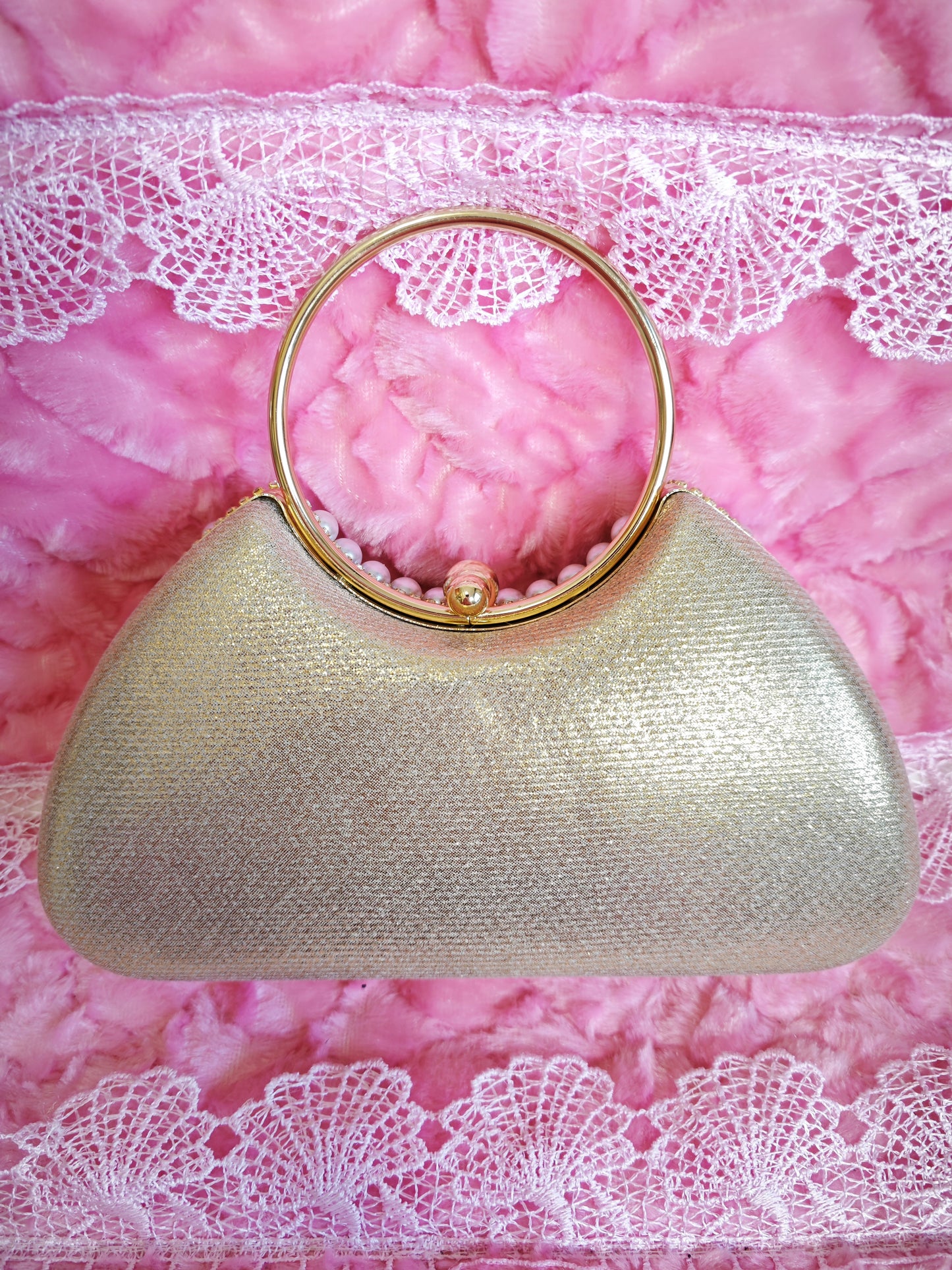 Gold Pearl & Crystal Tassel Hoop-Handle Evening Handbag