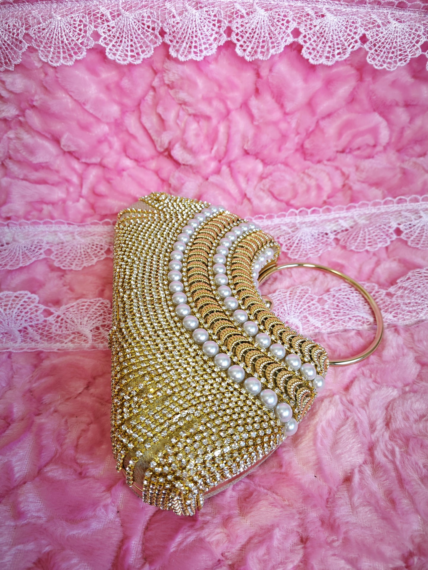 Gold Pearl & Crystal Tassel Hoop-Handle Evening Handbag