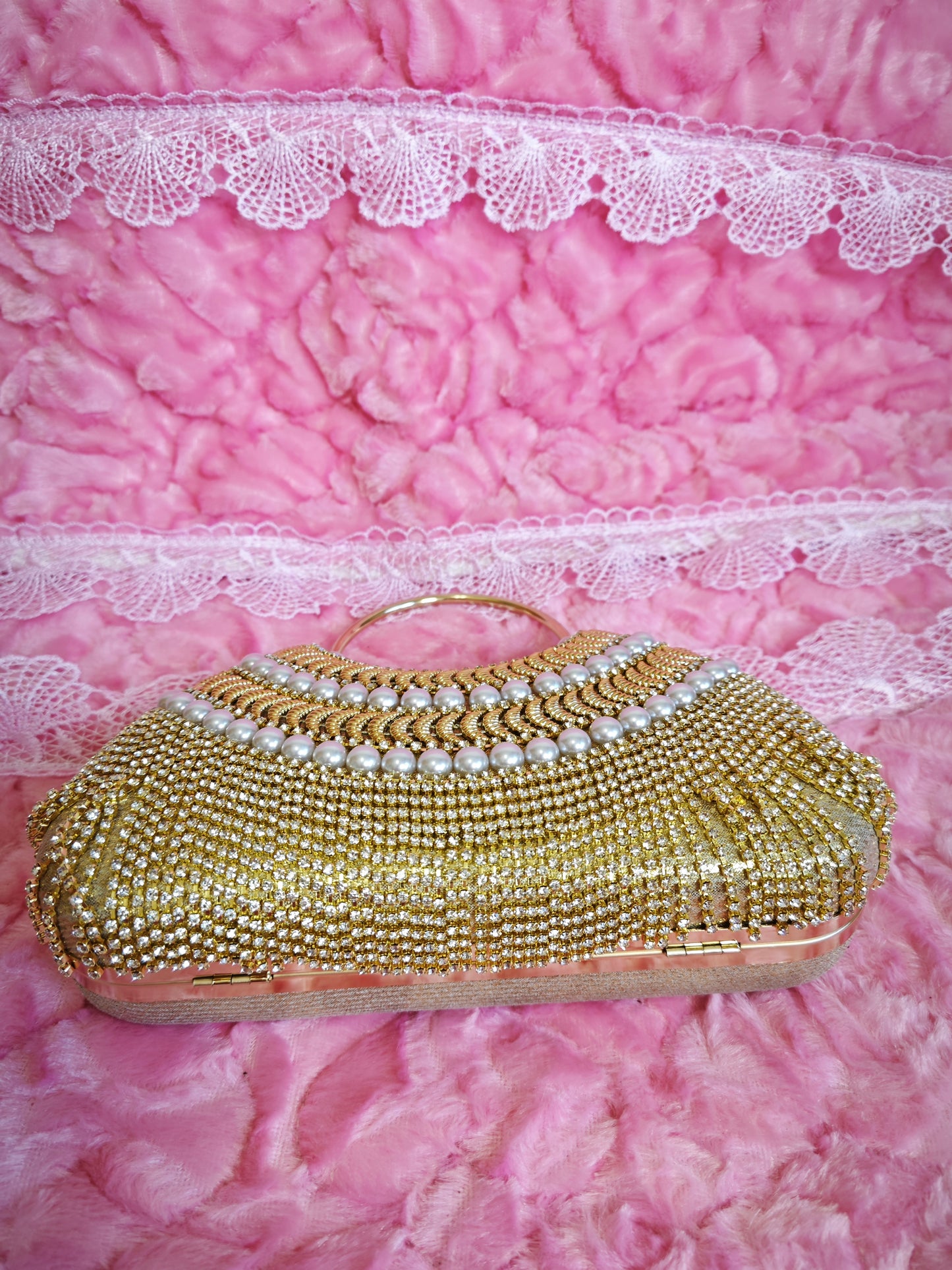 Gold Pearl & Crystal Tassel Hoop-Handle Evening Handbag
