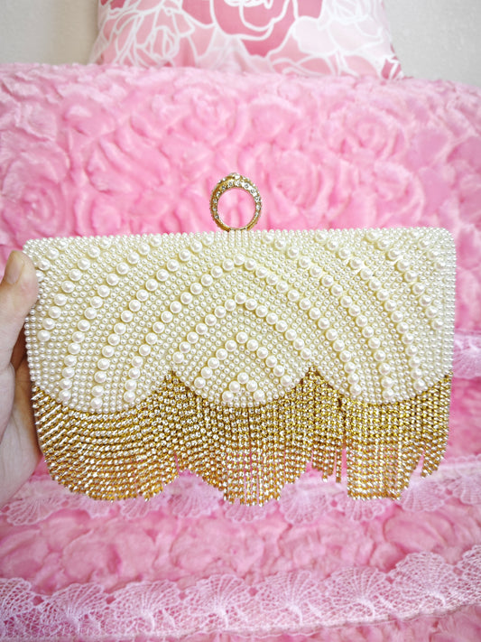 Off-White Pearl & Gold Crystal Tassel Hoop-Handle Evening Clutch