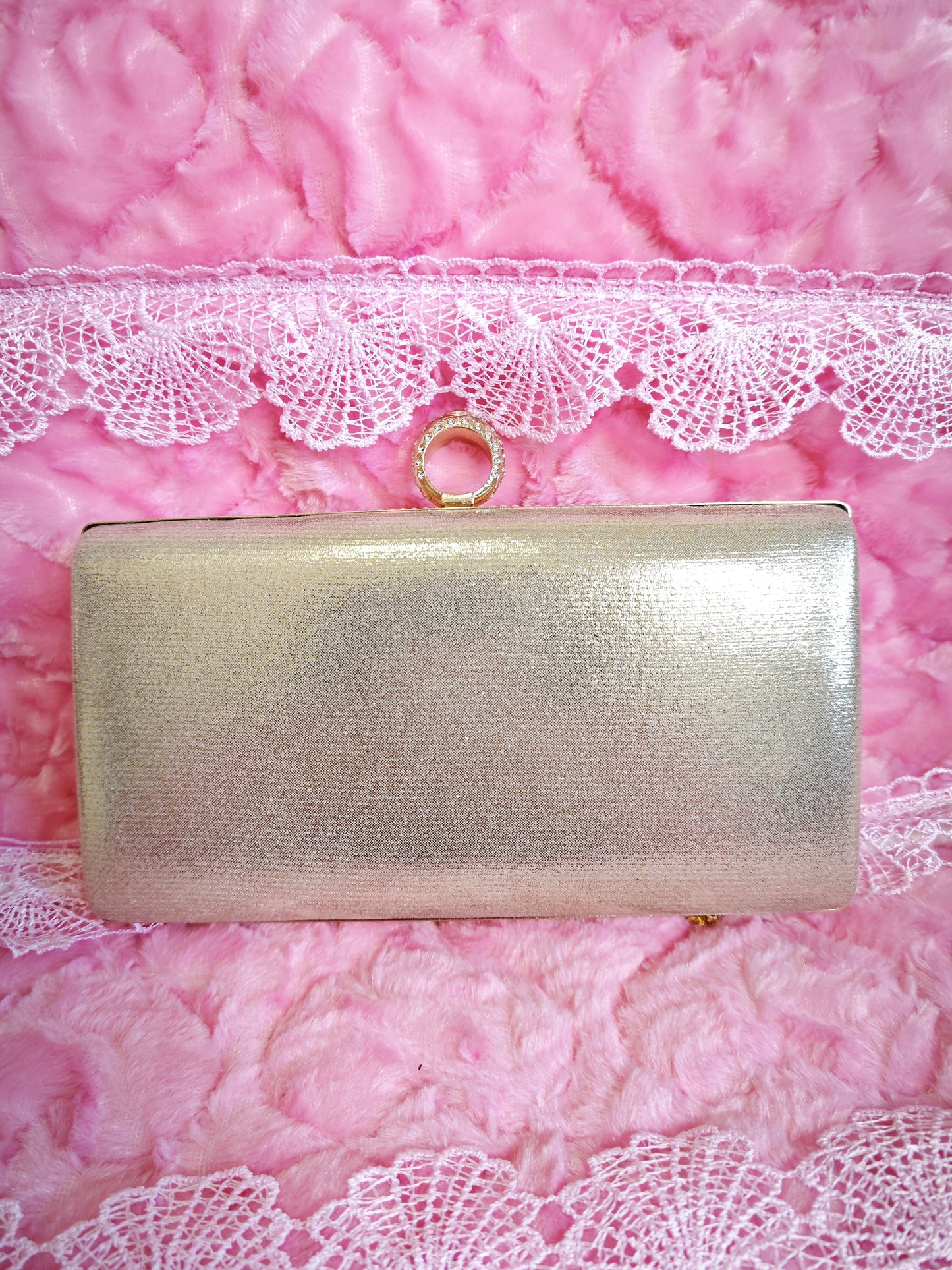 Off-White Pearl & Gold Crystal Tassel Hoop-Handle Evening Clutch