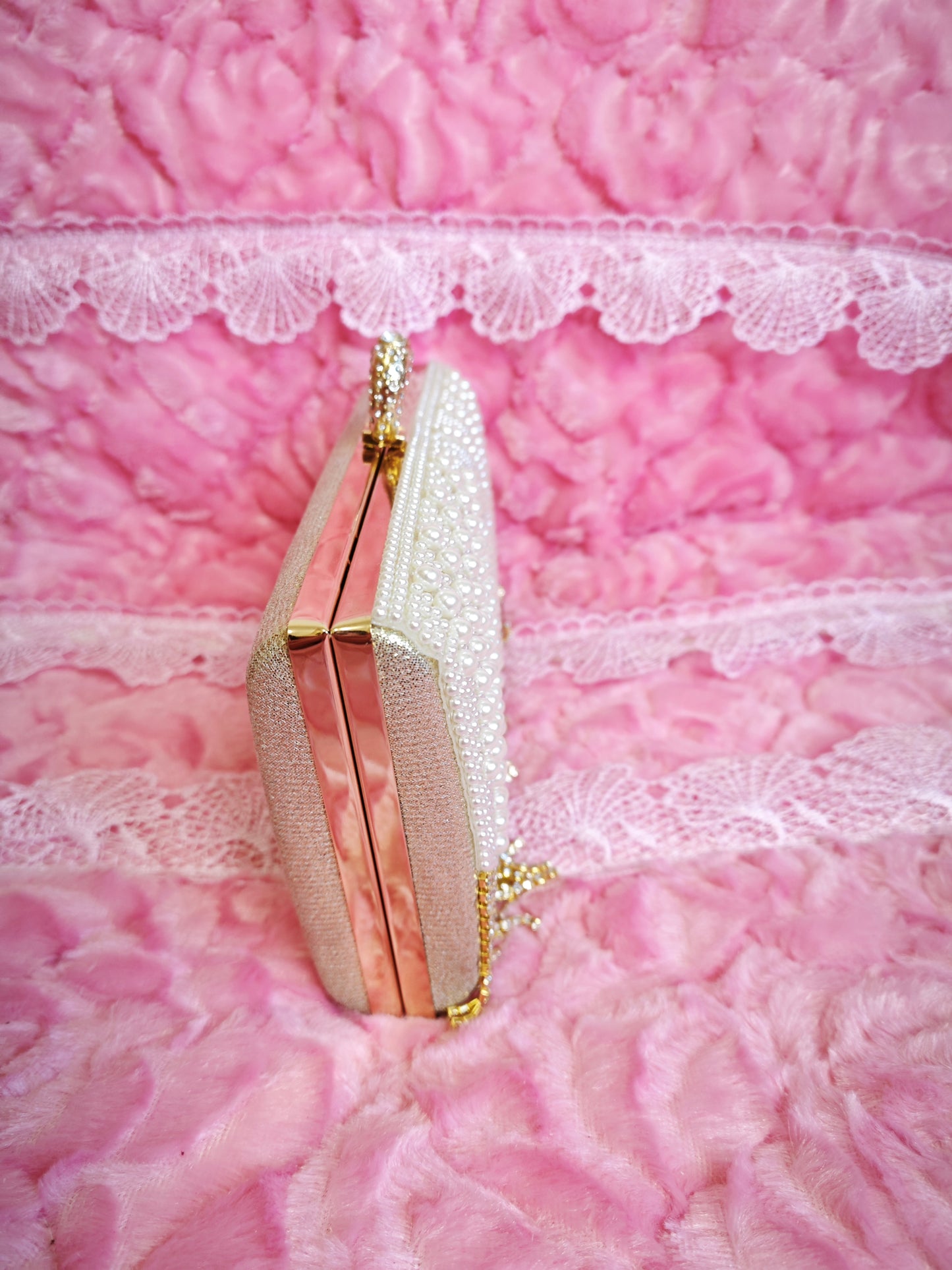 Off-White Pearl & Gold Crystal Tassel Hoop-Handle Evening Clutch