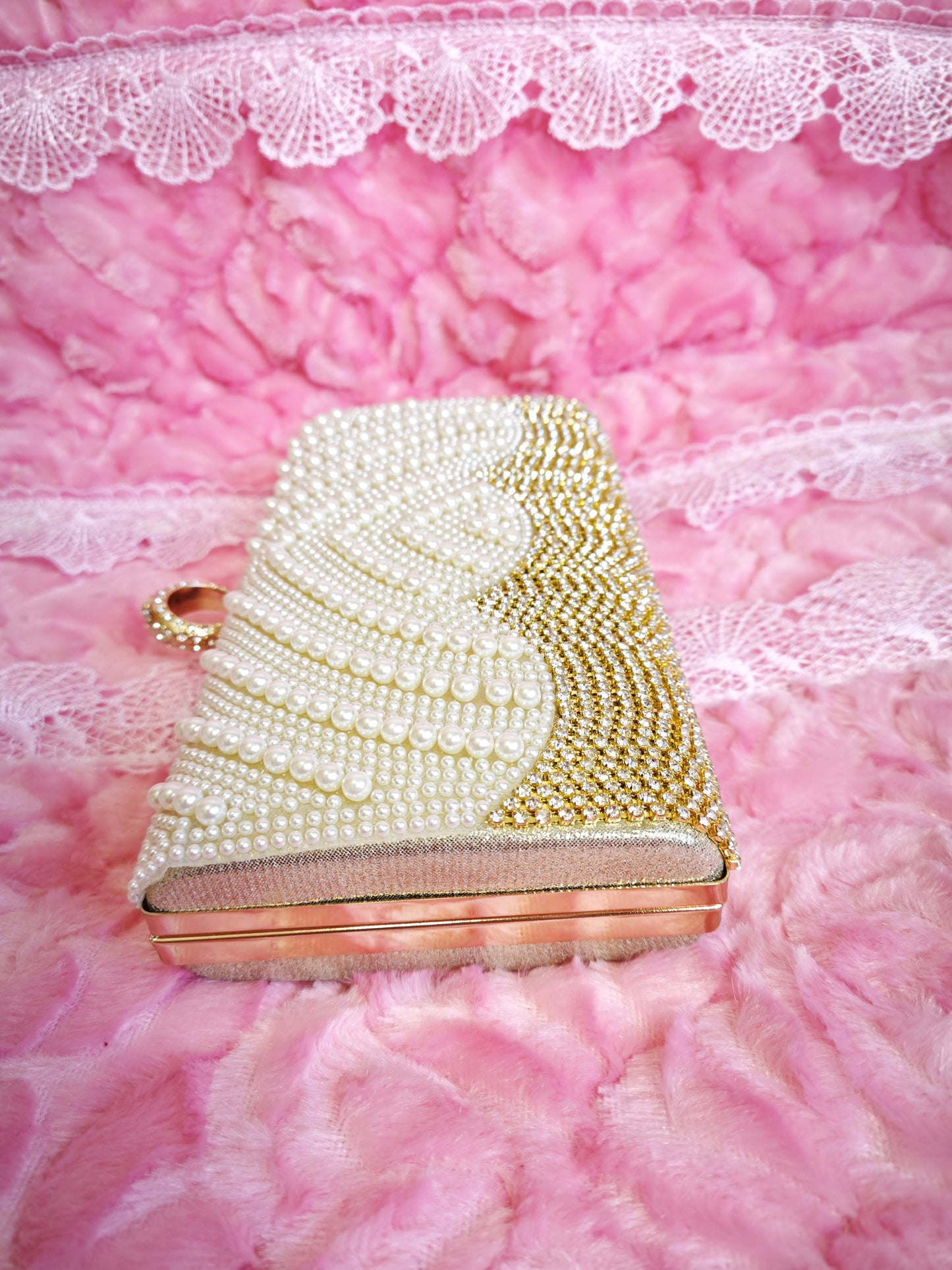 Off-White Pearl & Gold Crystal Tassel Hoop-Handle Evening Clutch
