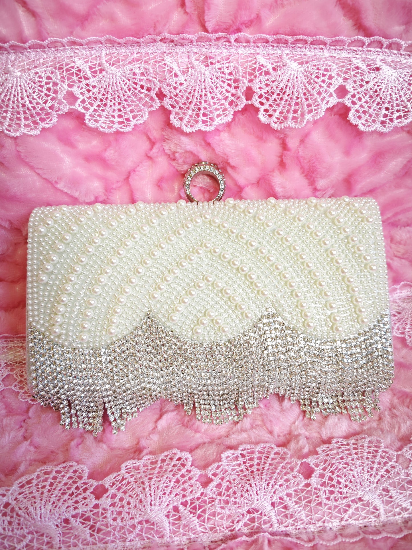 Pearl & Silver Crystal Tassel Hoop-Handle Evening Clutch