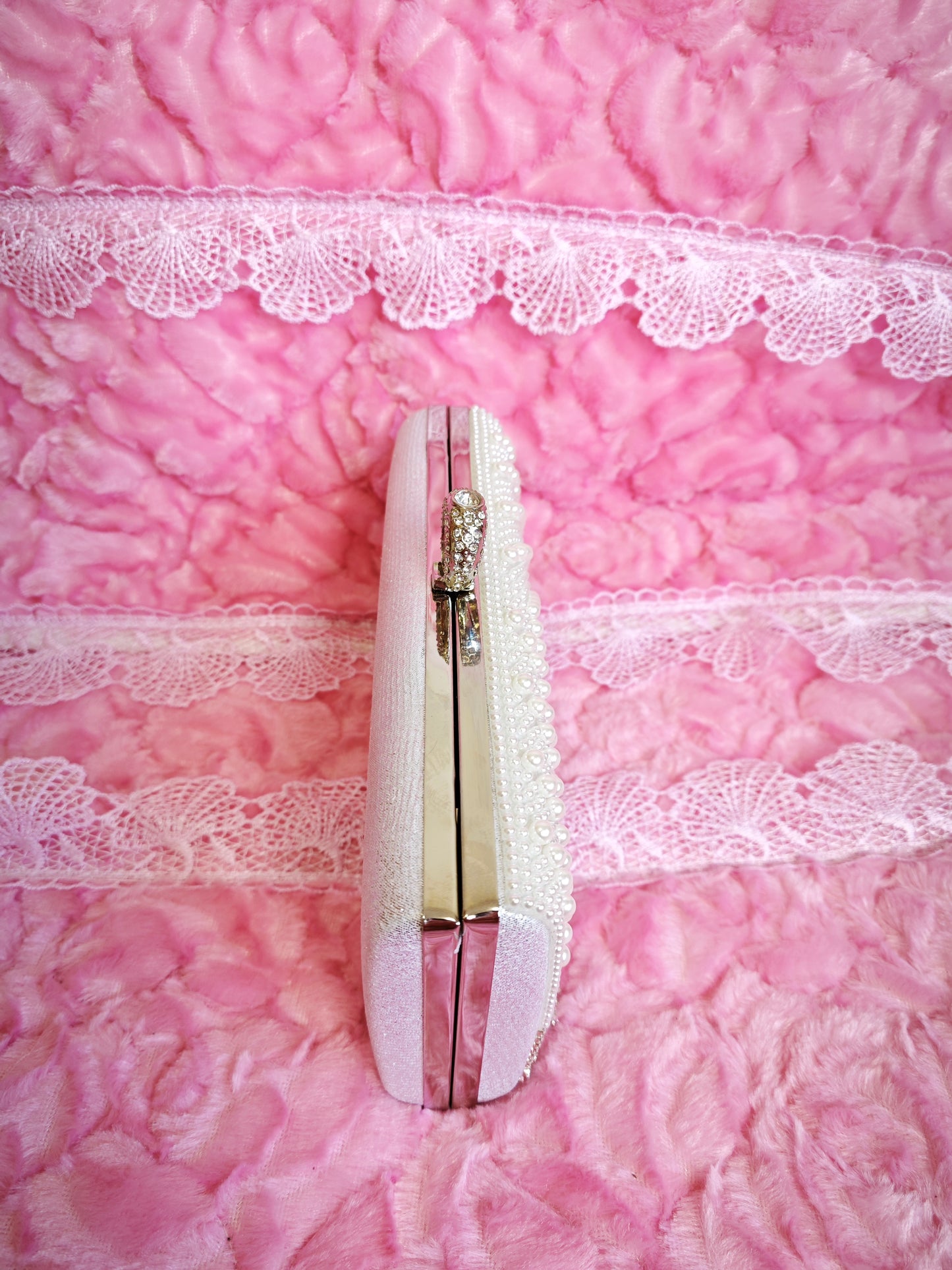 Pearl & Silver Crystal Tassel Hoop-Handle Evening Clutch