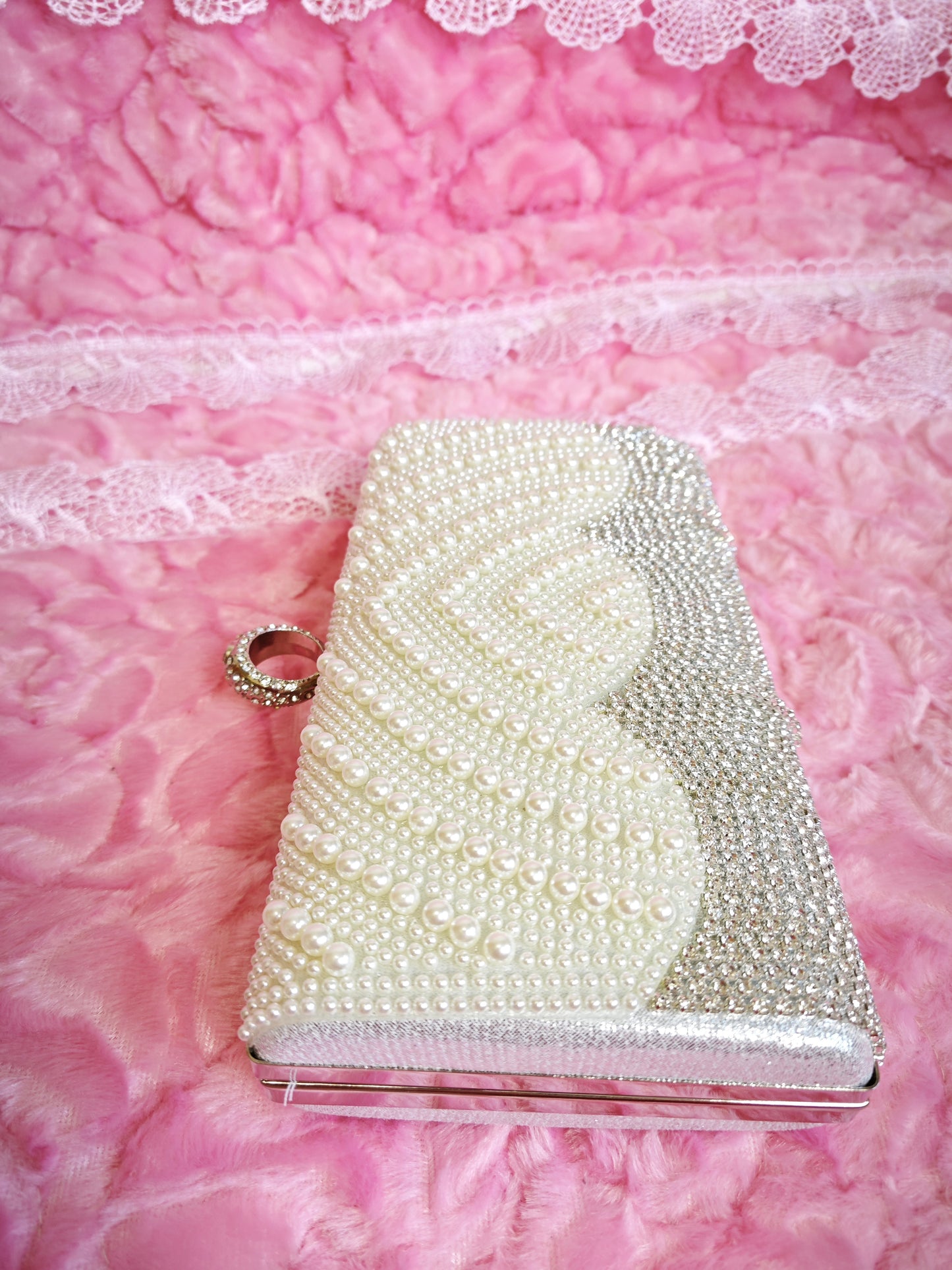 Pearl & Silver Crystal Tassel Hoop-Handle Evening Clutch