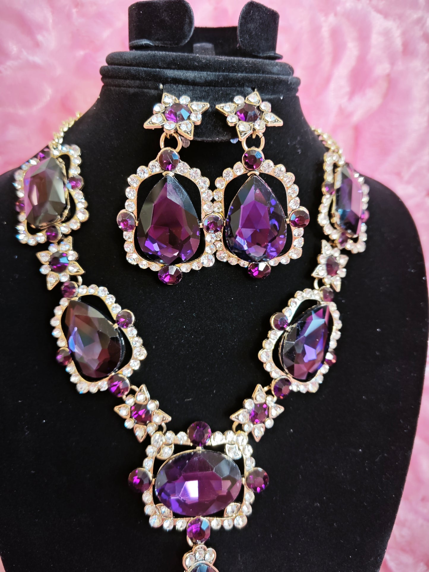 Gold-Plated Amethyst Star Crystal Necklace & Earring Set