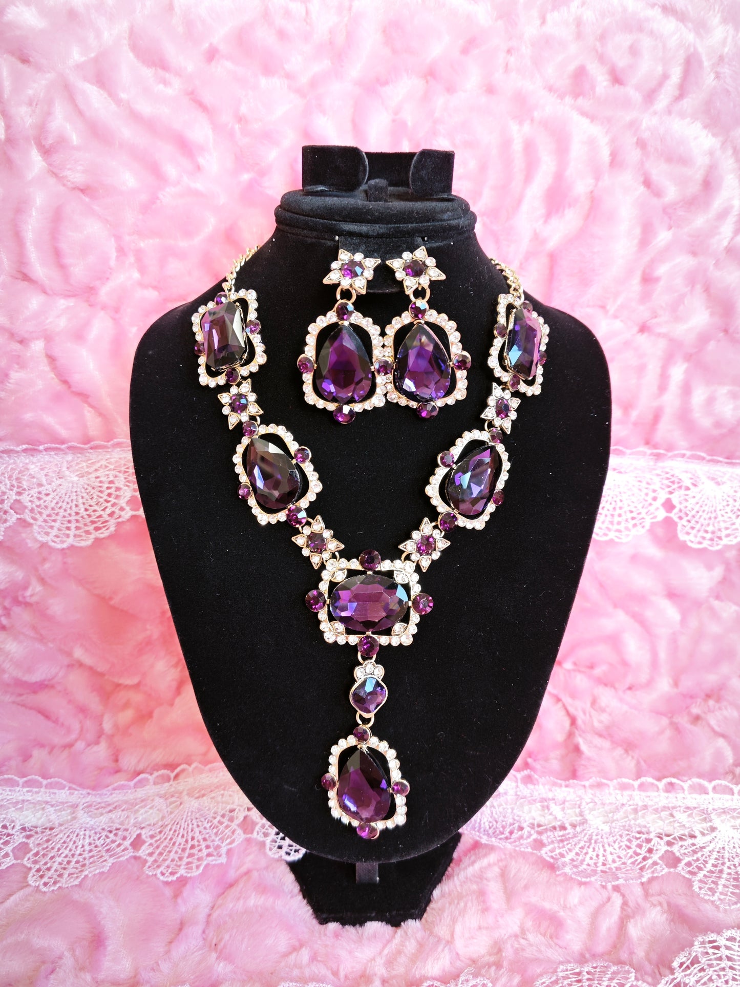 Gold-Plated Amethyst Star Crystal Necklace & Earring Set