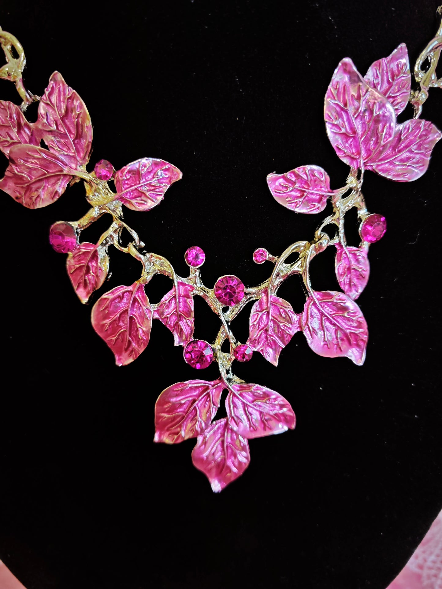 Gilded Pink Leaf Vine Statement Necklace & Earring Set