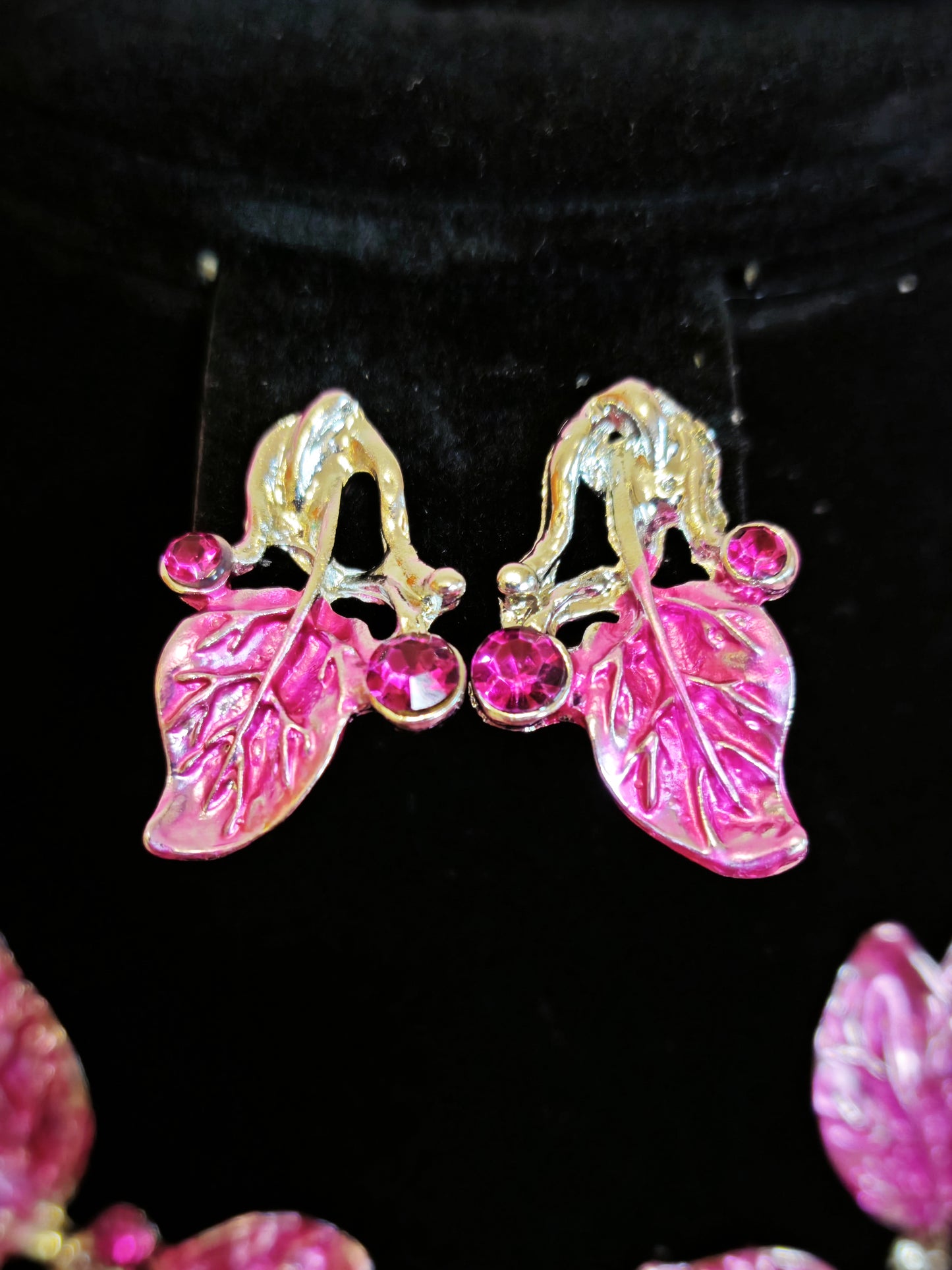 Gilded Pink Leaf Vine Statement Necklace & Earring Set