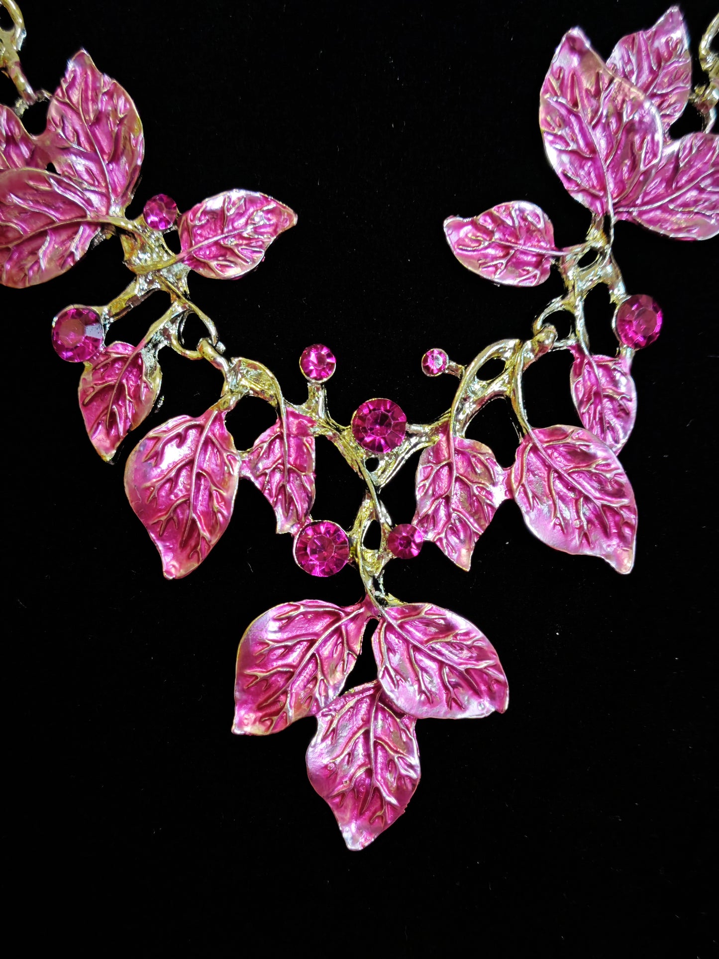 Gilded Pink Leaf Vine Statement Necklace & Earring Set